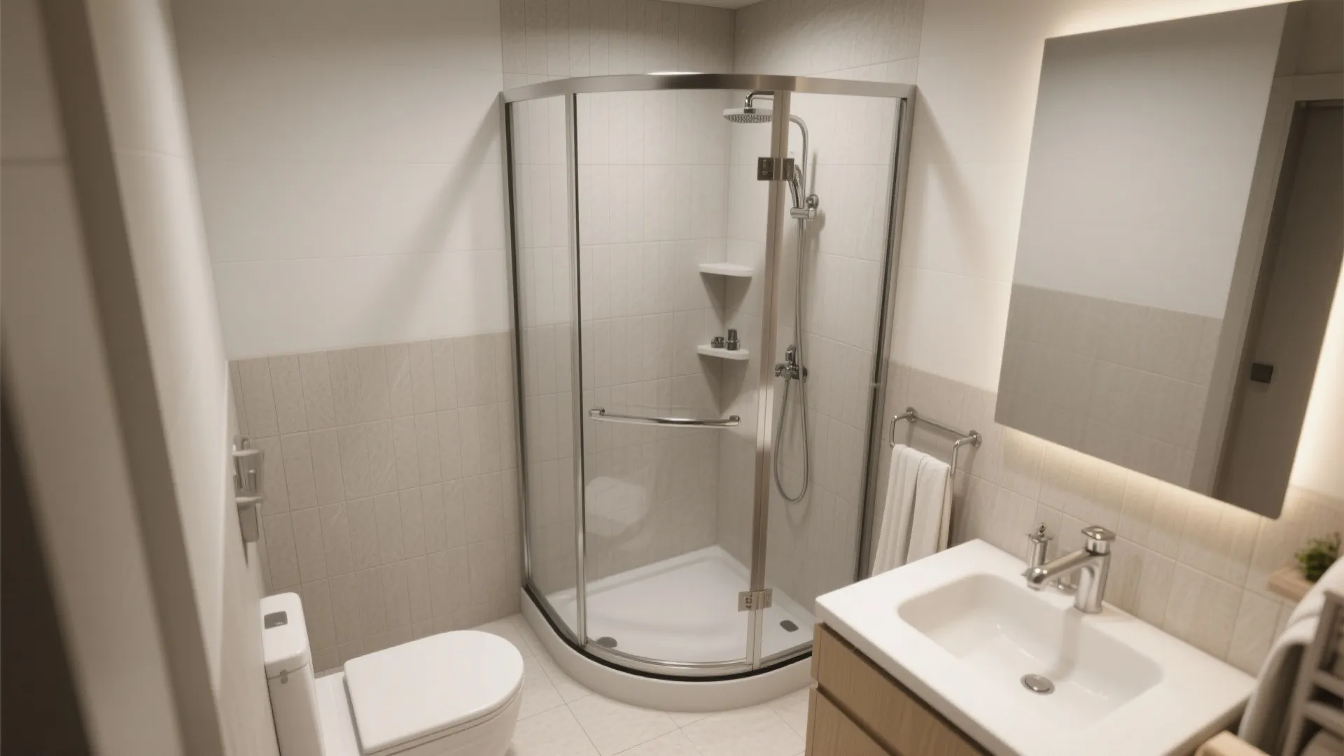 Small bathroom interior with curved glass corner shower unit white toilet and wooden vanity sink