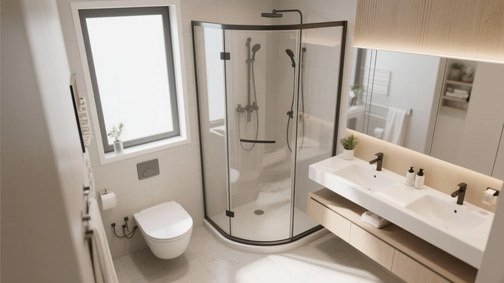 Small bathroom layout with wall hung toilet glass corner shower and double sink wooden floating cabinet