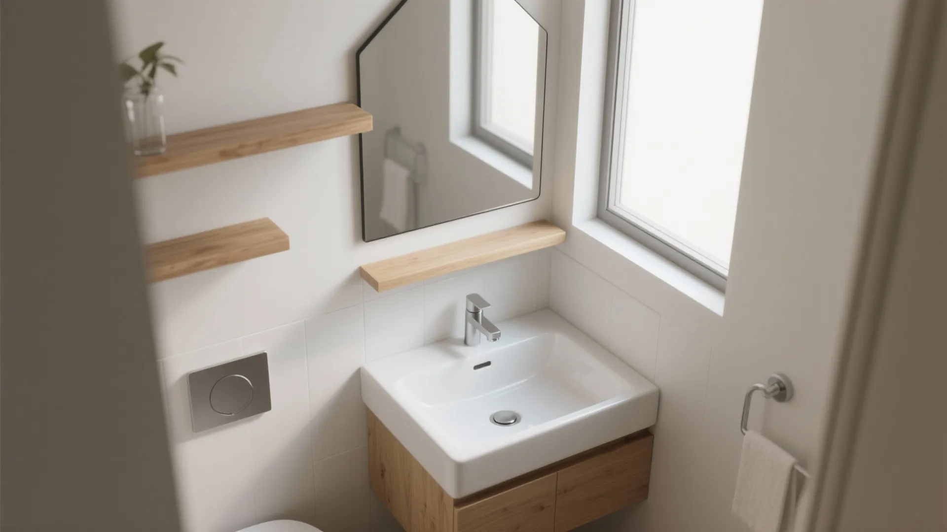 Small bathroom with white sink on wooden cabinet plus wall shelves mirror and bright window