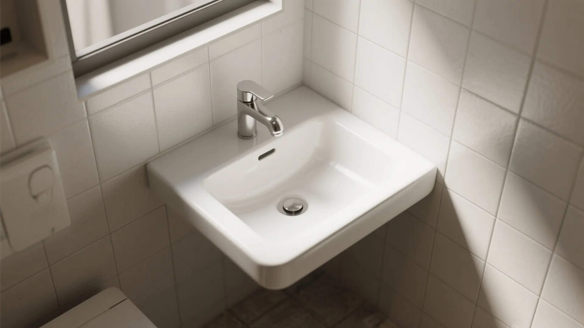 Modern white wall mounted bathroom sink with silver faucet and clean white tile wall design