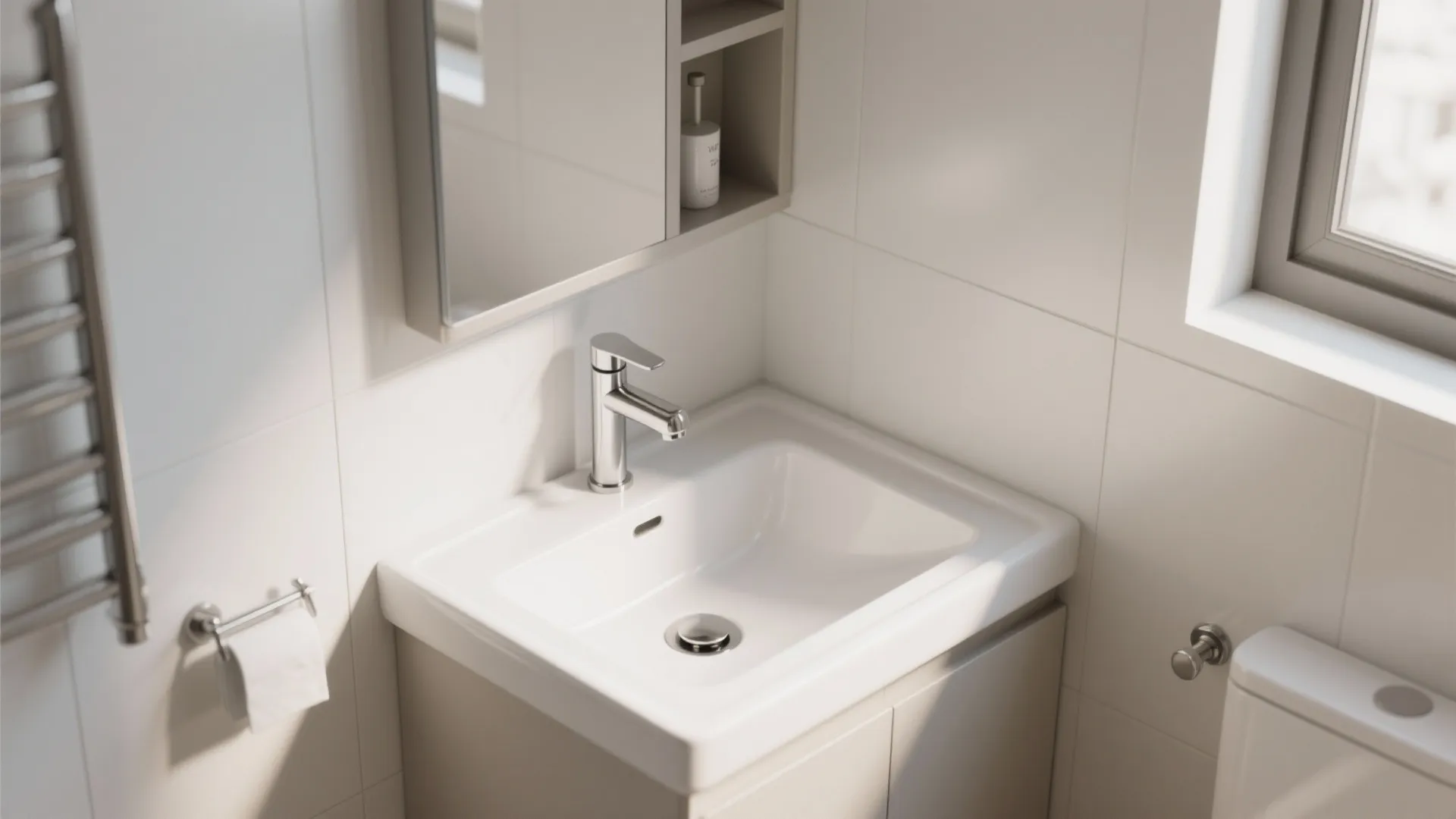 Modern white bathroom sink with silver faucet next to a mirror and wooden storage cabinet