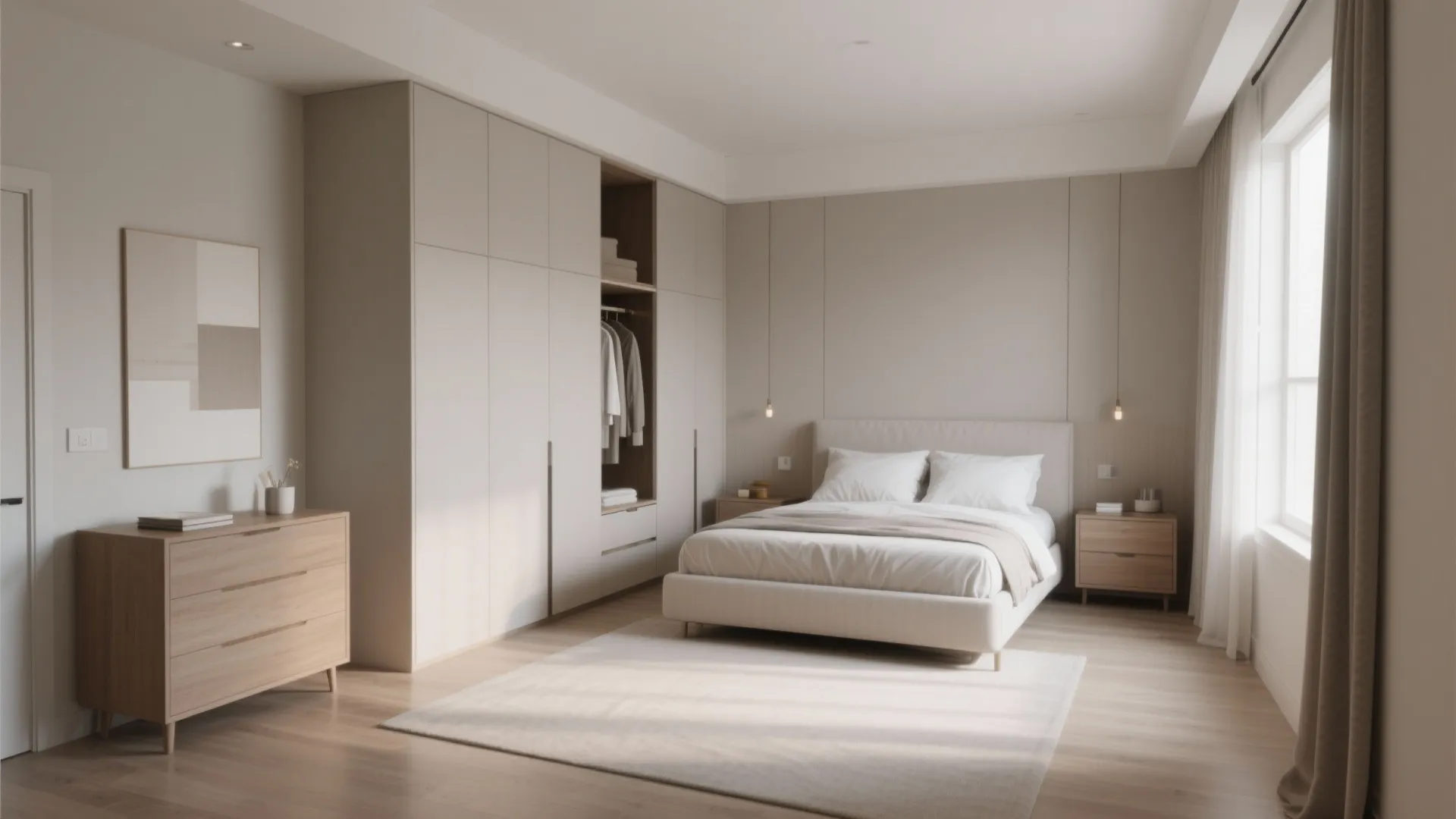 Modern bedroom with large white wardrobe, double bed, wooden cabinet, light grey walls, and carpet
