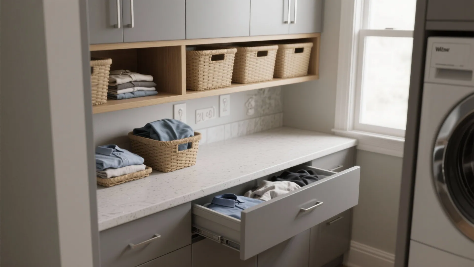 Laundry room with grey cabinets wooden shelves and open drawer containing folded clean blue shirts
