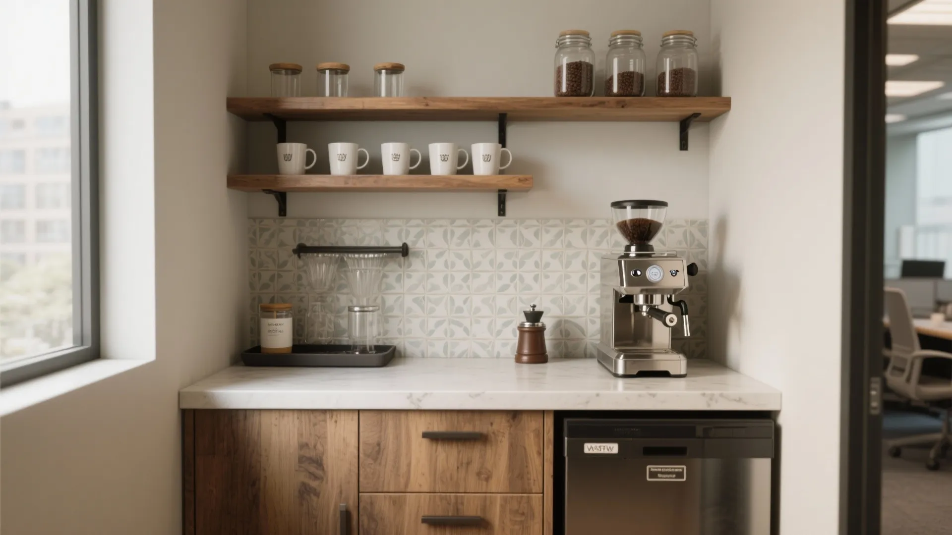 Modern coffee station with wood shelves white mugs metal coffee machine marble counter and tiles