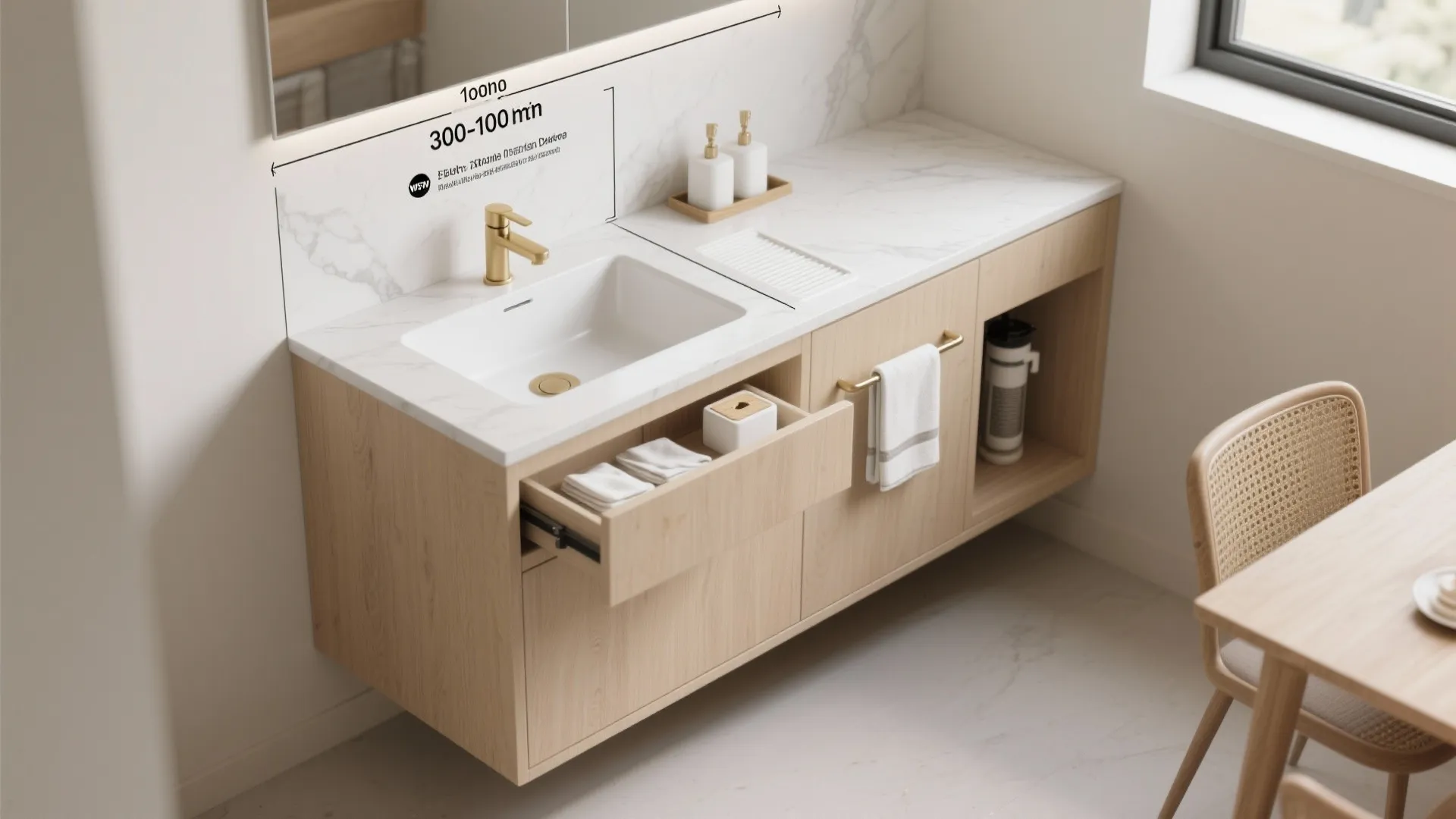 Modern wood bathroom cabinet with white marble counter golden sink tap and open storage drawer
