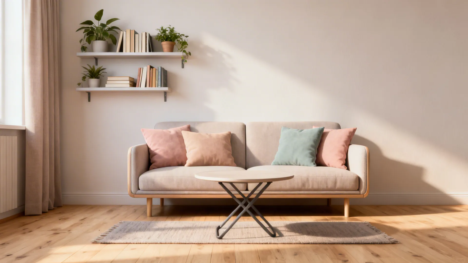 Small cozy living room with a slim sofa, wall shelves and foldable coffee table.