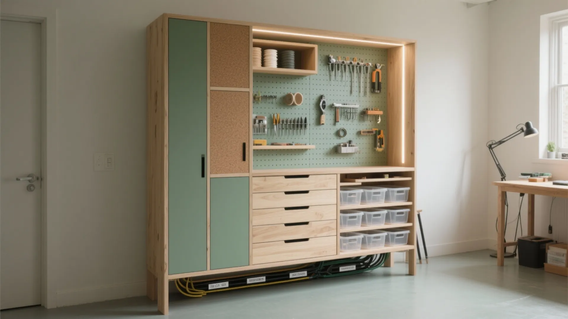 Wooden craft cabinet with green doors and pegboard tool storage in a bright modern home