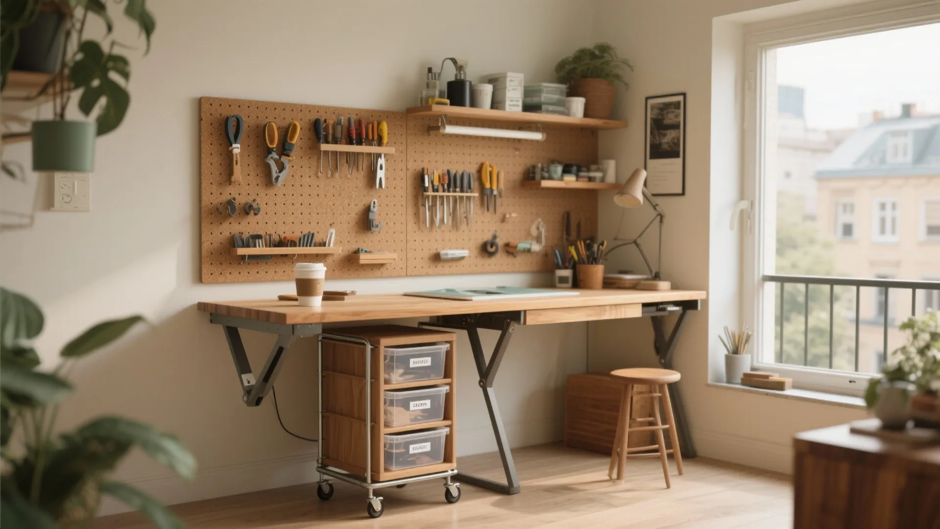 Modern wood craft room with a pegboard for tools and a large desk near window