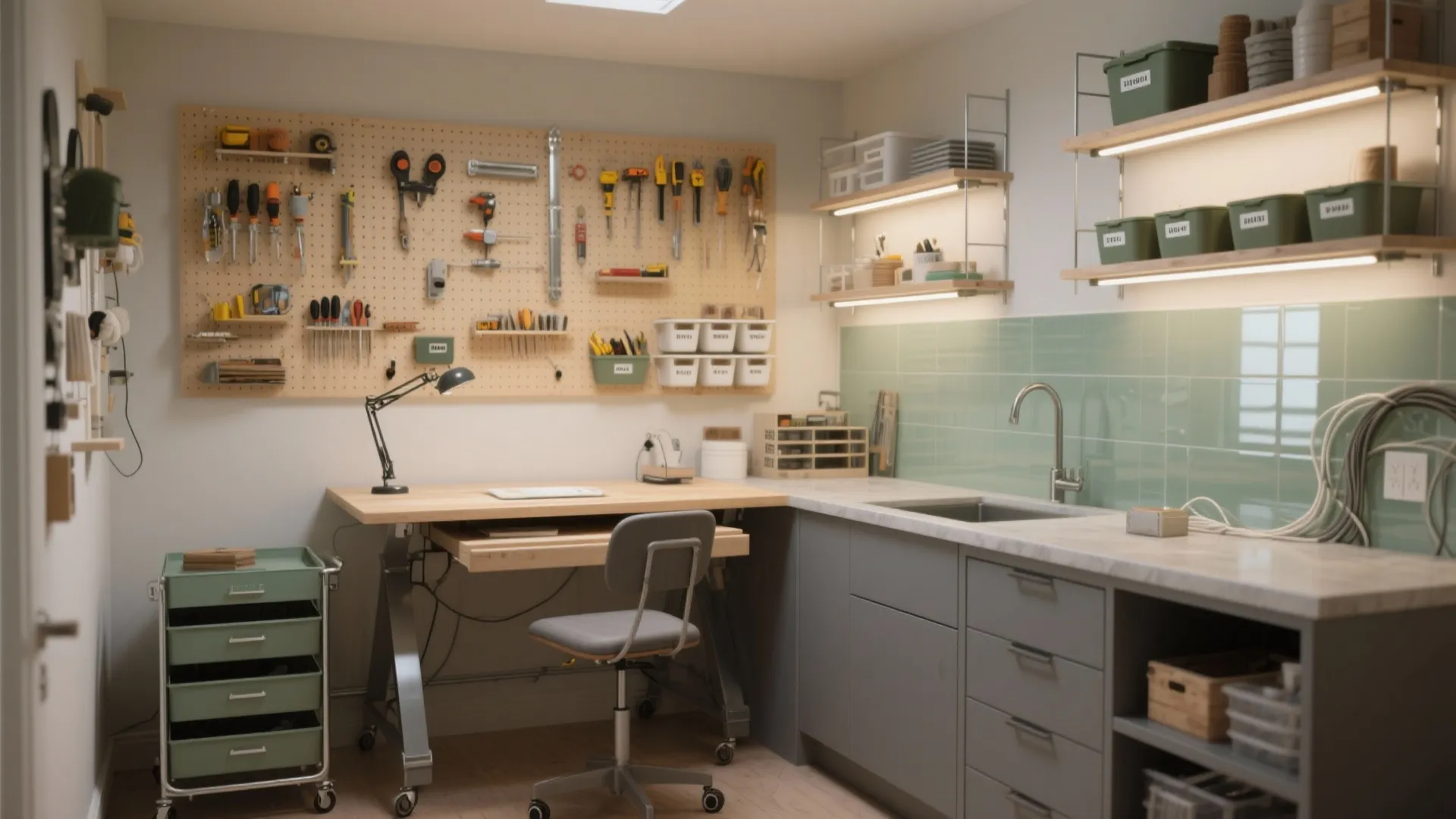 Compact craft room layout with pegboard tool storage wooden desk grey cabinets and sink area