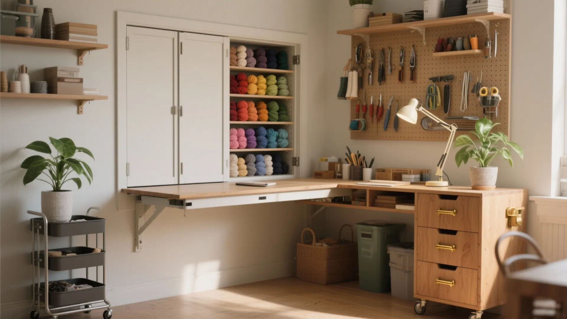 Compact craft room with wall mounted wooden desk colorful yarn storage and pegboard for tools