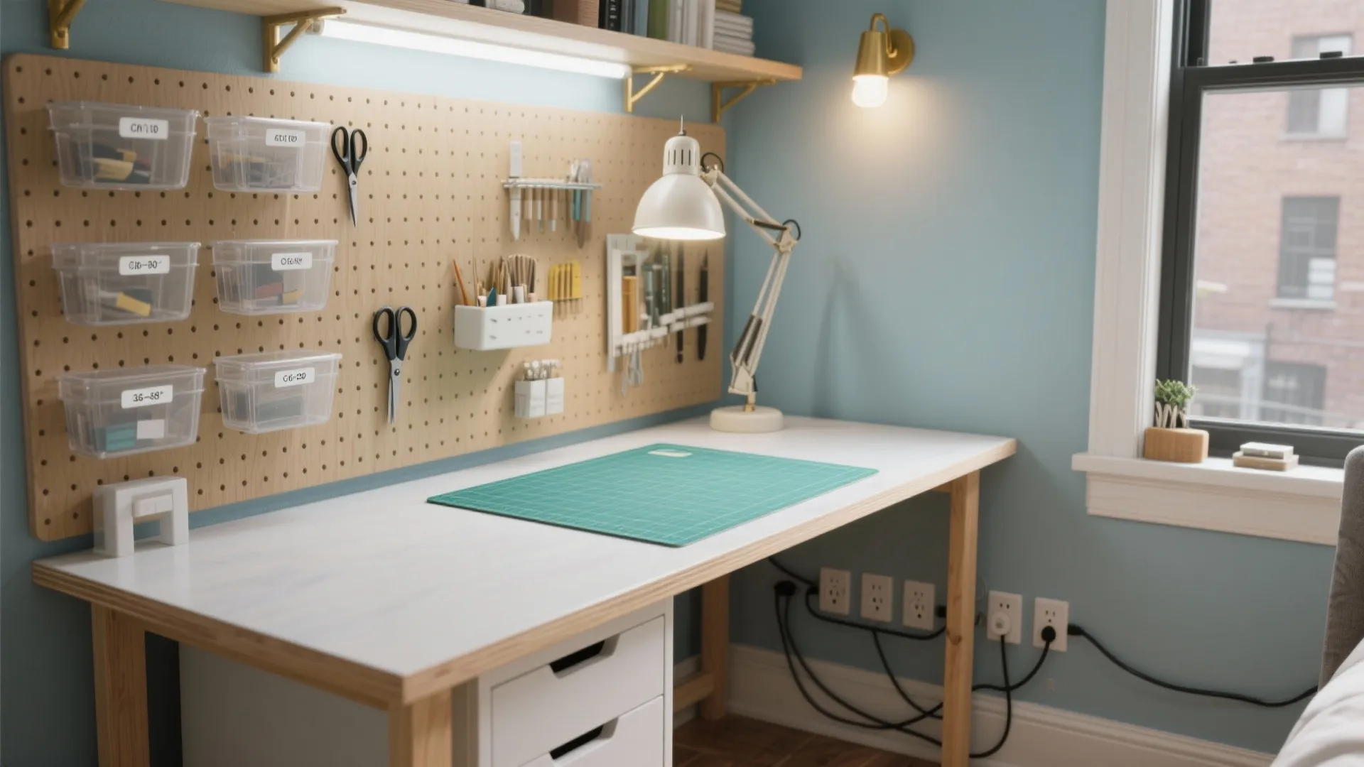 Clean hobby craft studio with white table green cutting mat wood pegboard and desk lamp