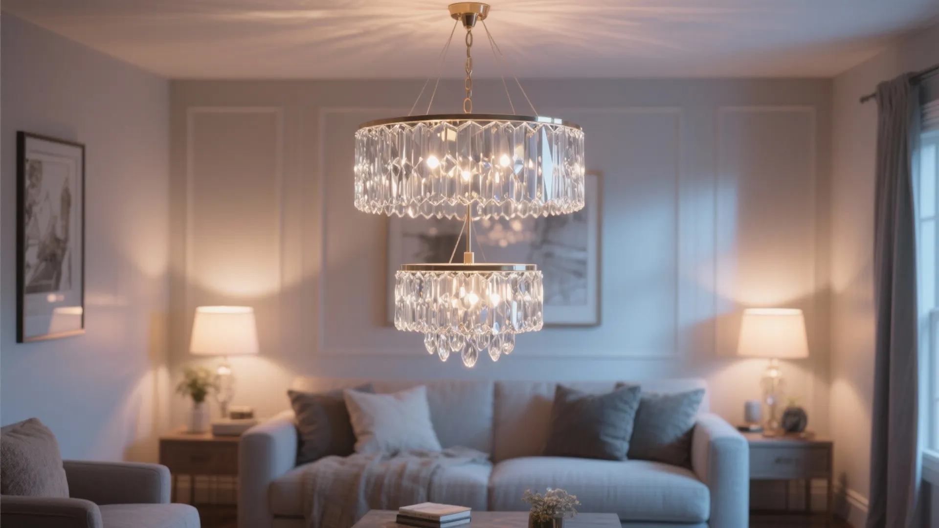 Compact two-tier crystal chandelier with warm-dim glow in a small living room
