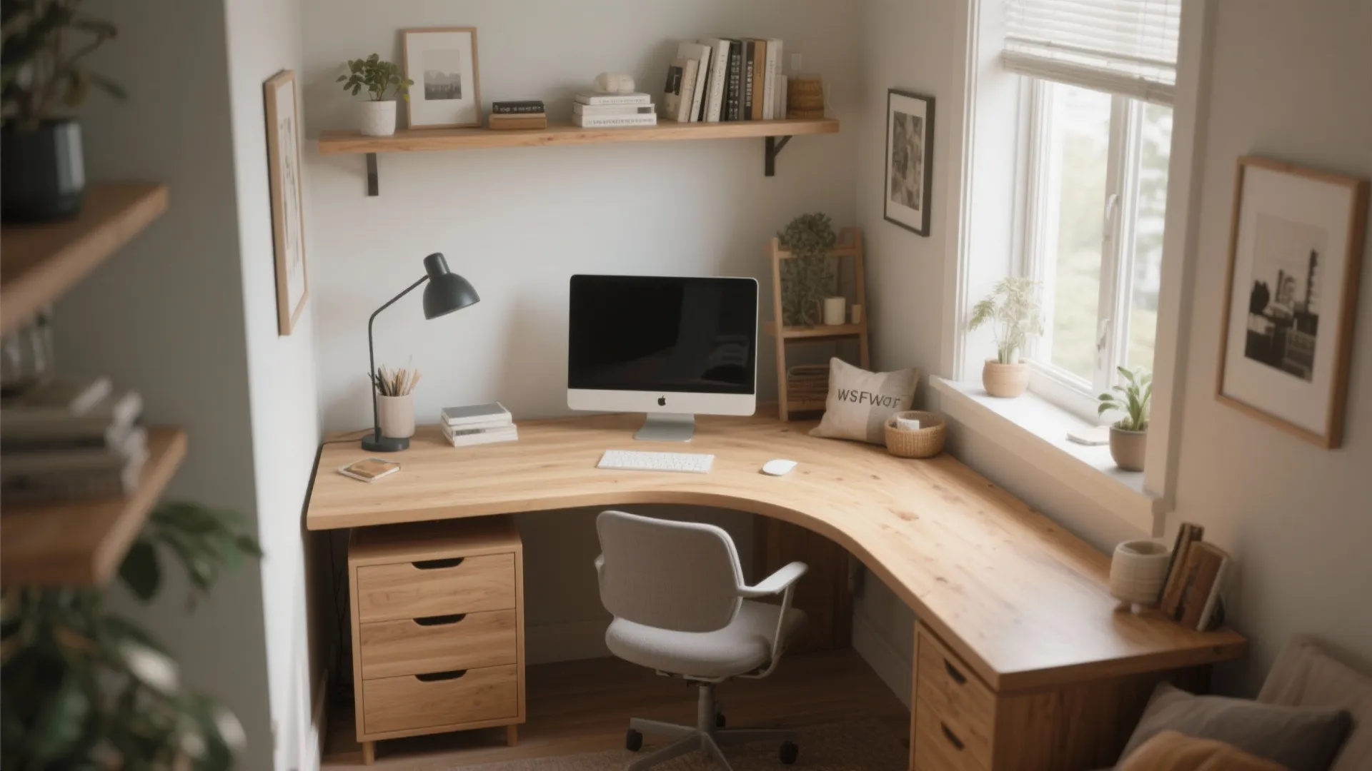 Curved wooden desk with computer chair shelving wall art and window in a small office