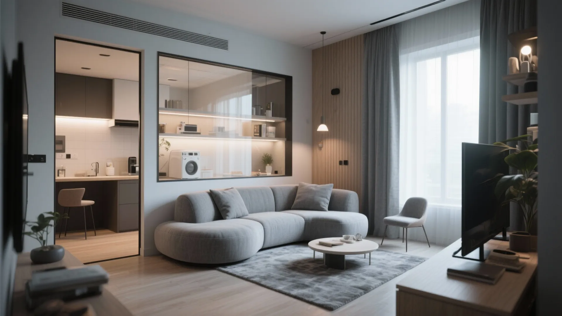 Compact curved loveseat in a small modern studio