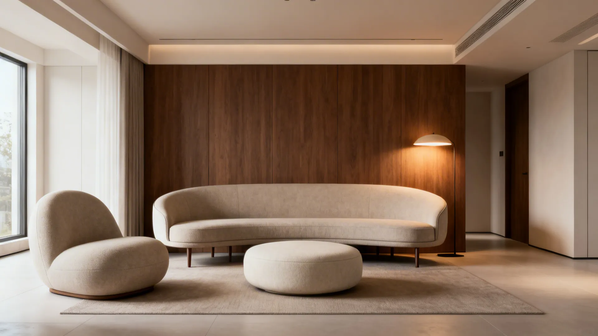 Small living room with a curved compact sofa, rounded chair, and round ottoman.