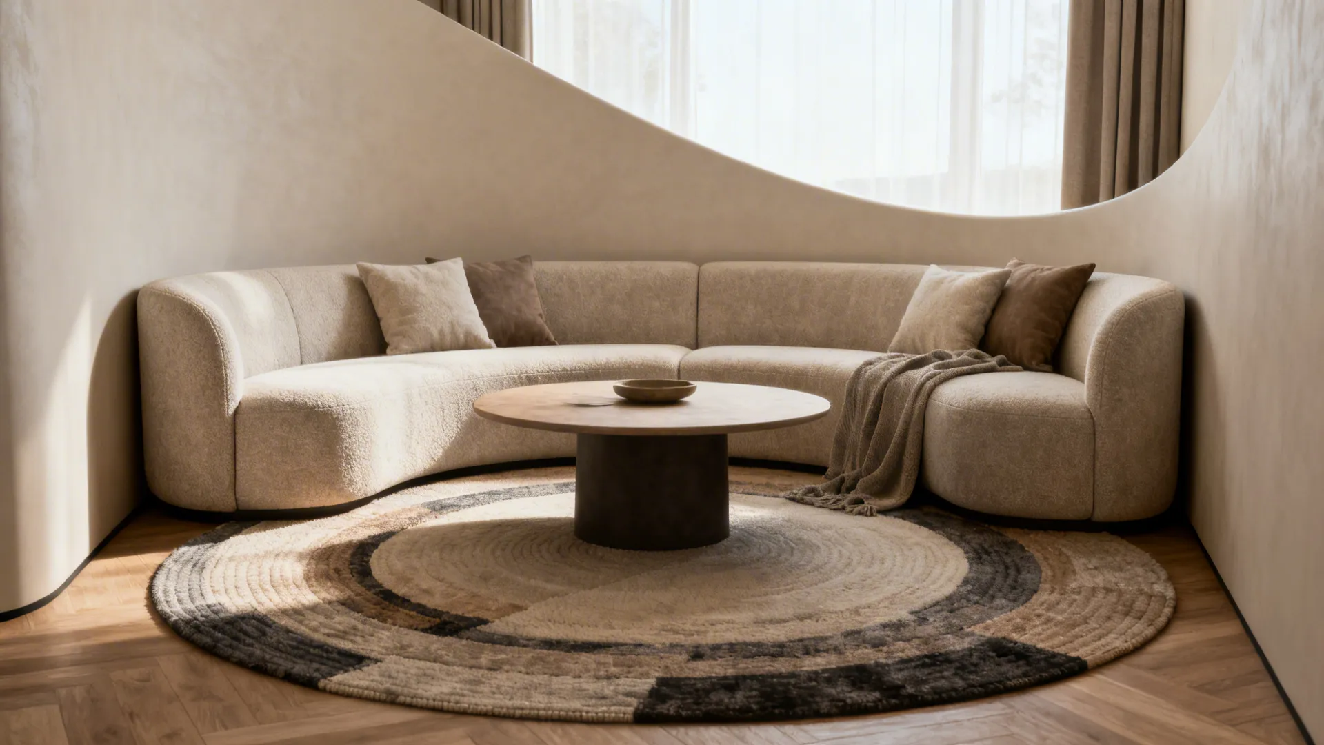 Compact curved corner sofa paired with a round table in a cozy small living room.