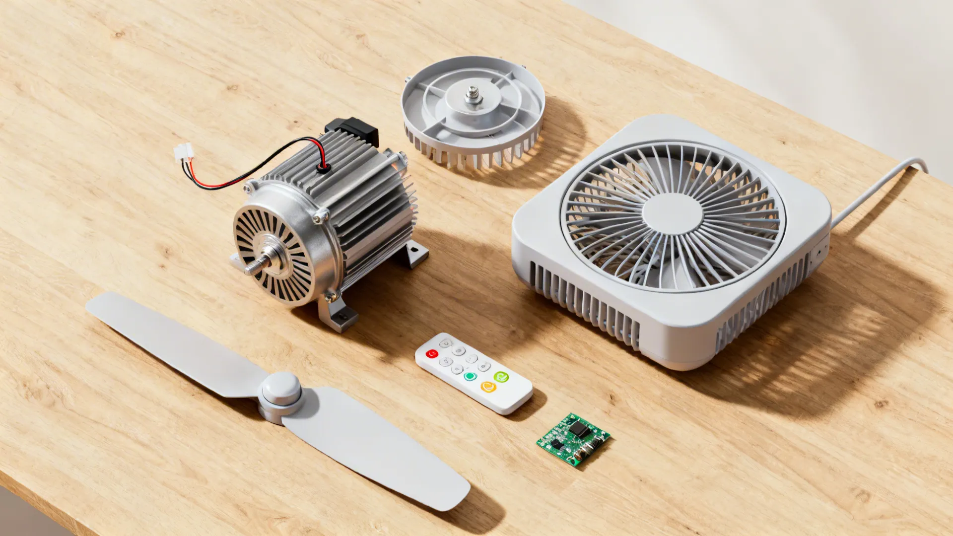 Flatlay of a compact DC motor fan unit, slim blades and remote control showing modern compact fan technology.