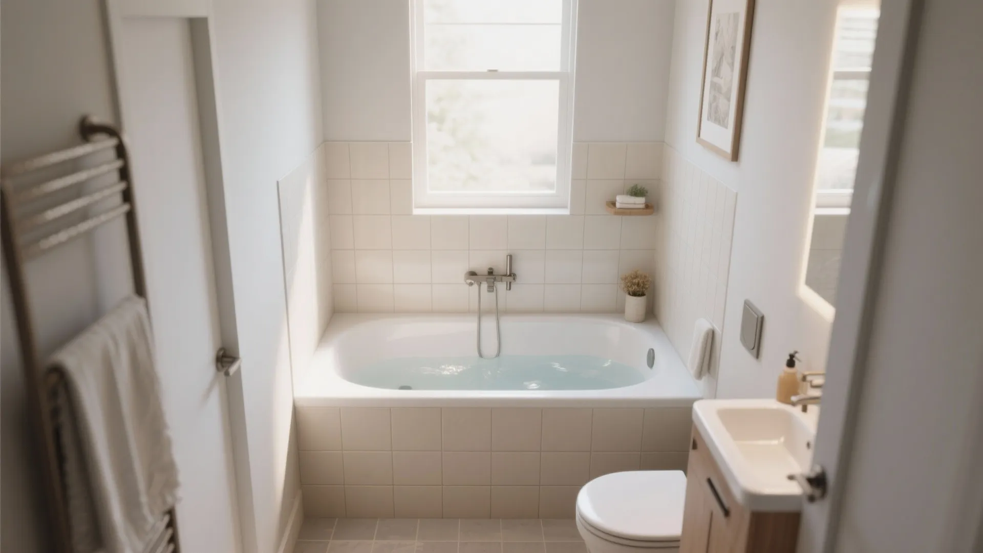 Modern small bathroom with white bathtub, beige wall tiles, wooden cabinet, and natural window light