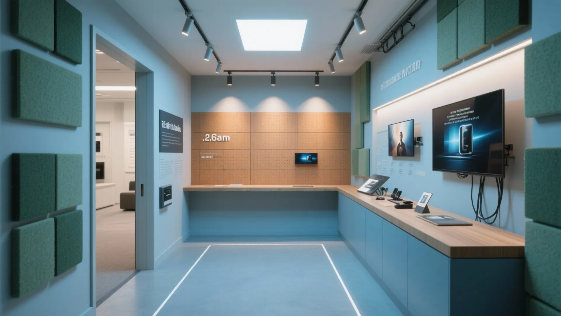 Modern office showroom interior design with digital screens blue walls wooden desks and ceiling lights