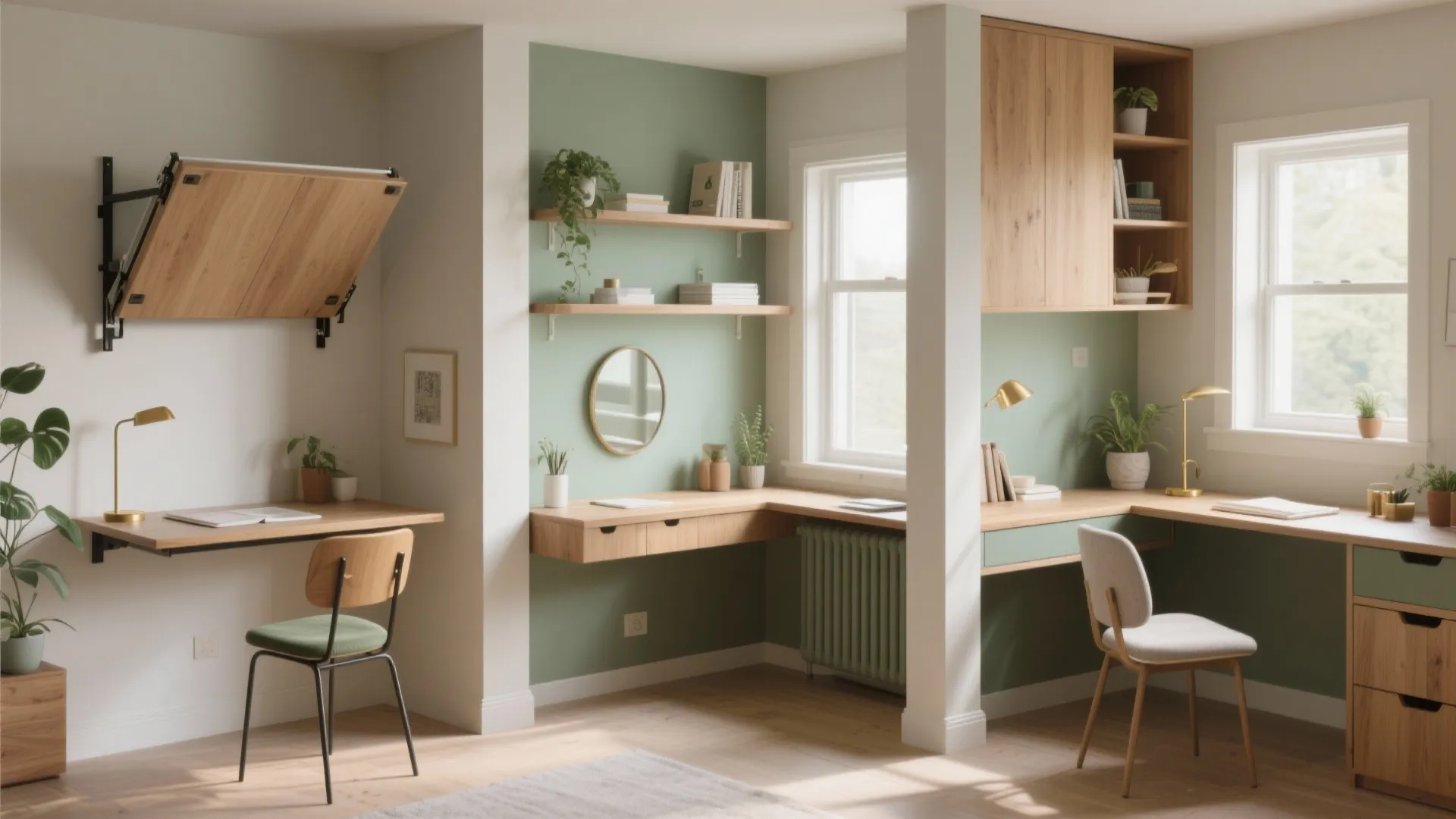 Interior design drawing showing three different compact home office desk setups with green wall panels