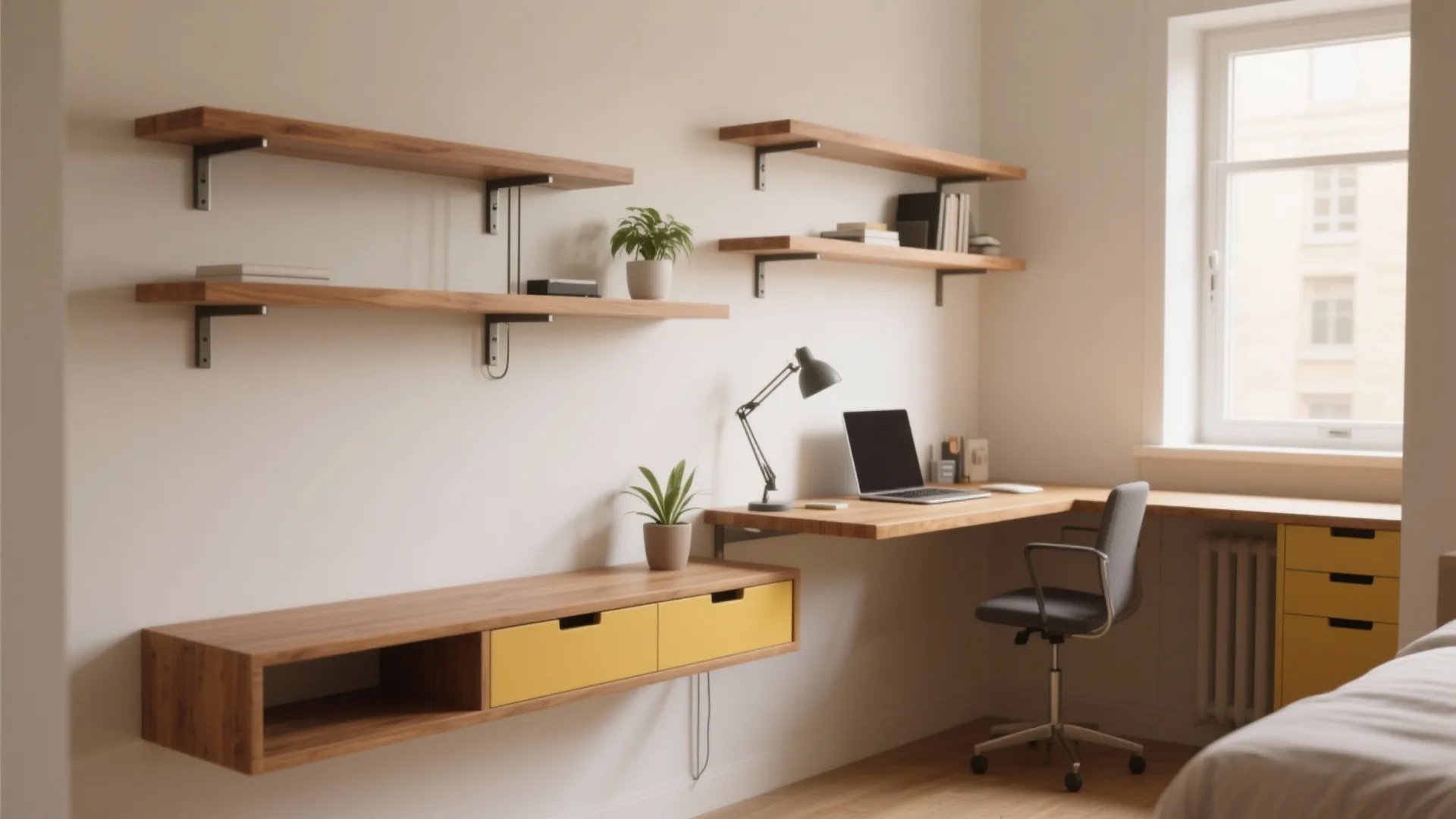 Home office with wooden wall shelves corner desk laptop chair and yellow cabinet under large window