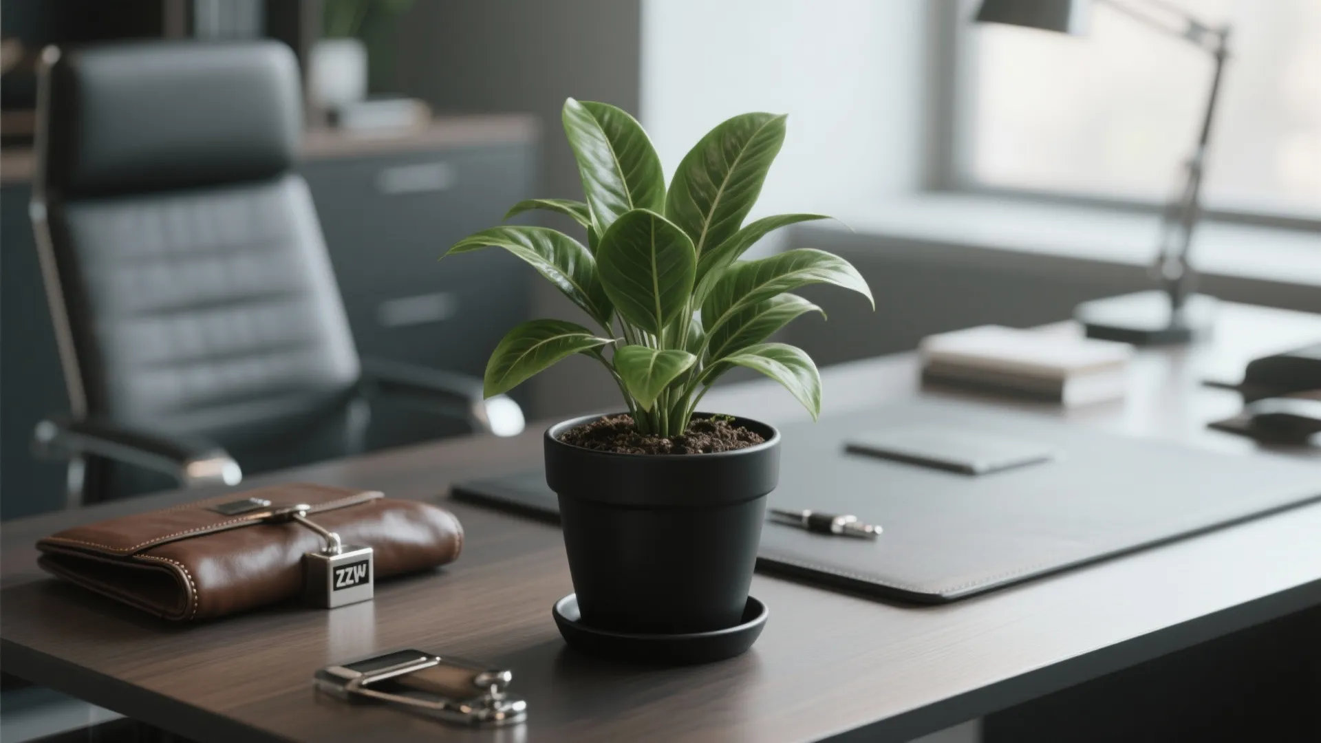 Small green plant in a black pot sitting on a dark wood office desk surface