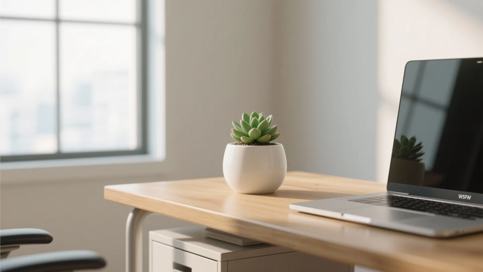Small green succulent plant in a white pot on a wooden desk next to laptop