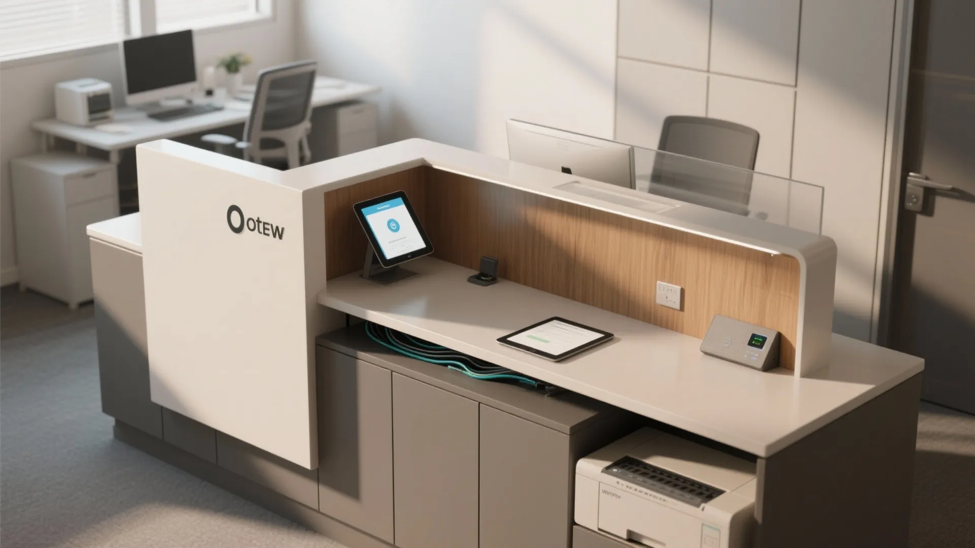 Compact Reception Desk with Integrated Tech