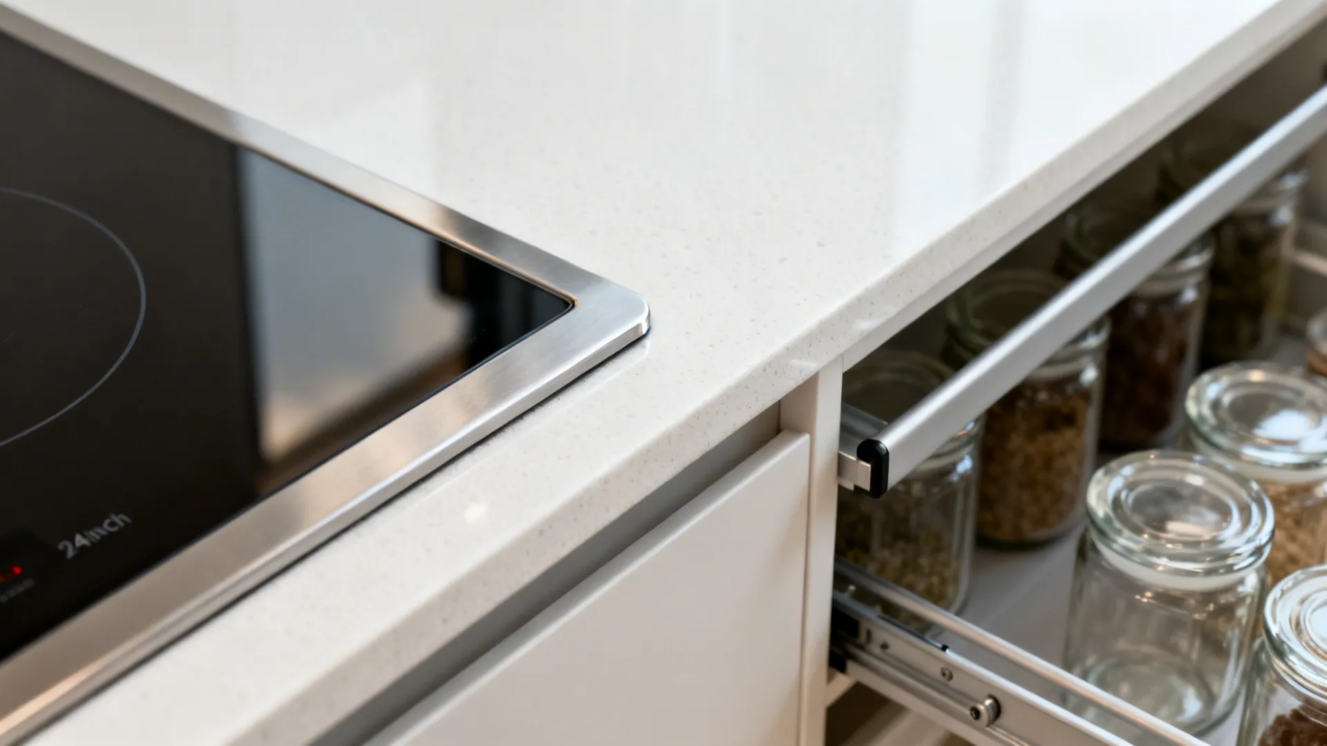 Macro of 24-inch induction cooktop flush with quartz and a slim pull-out pantry rail with jars.