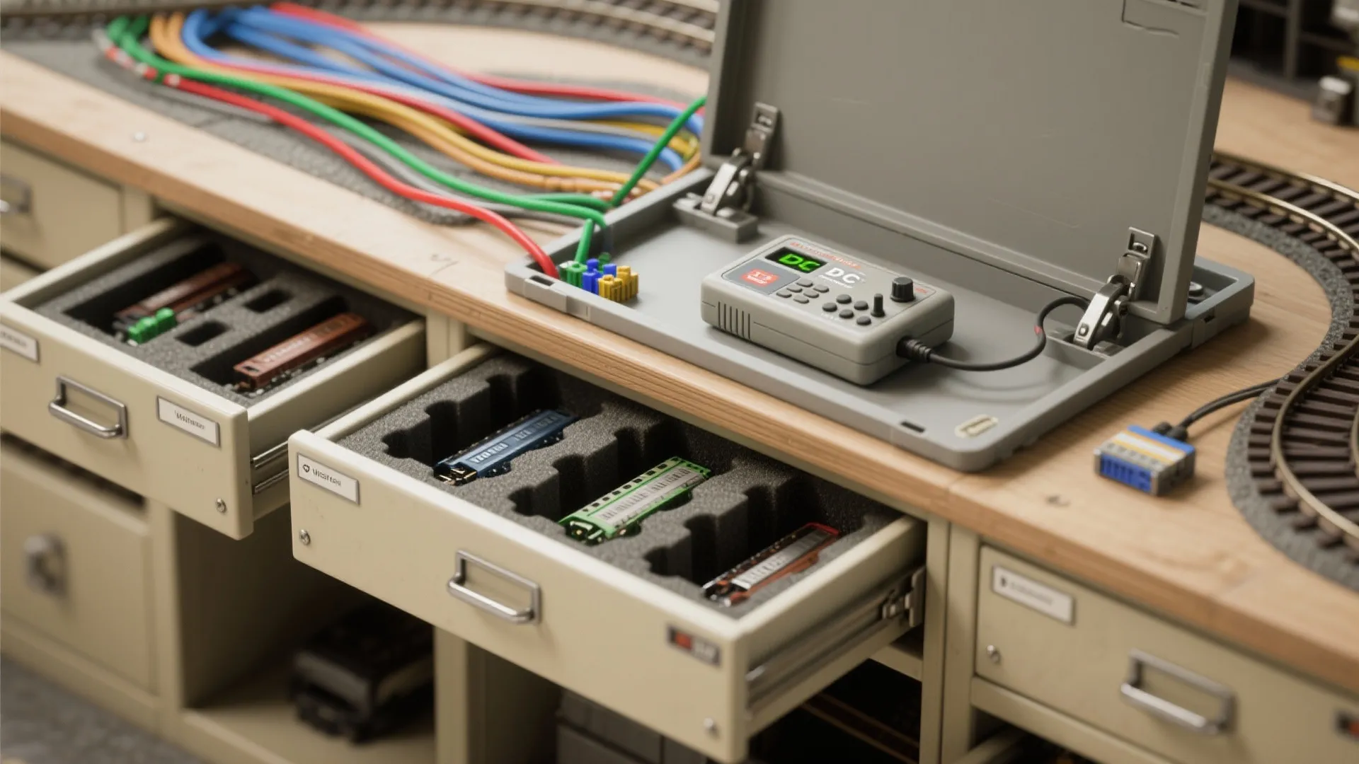 Electronic control box on a desk with open drawers containing organized model train engine parts