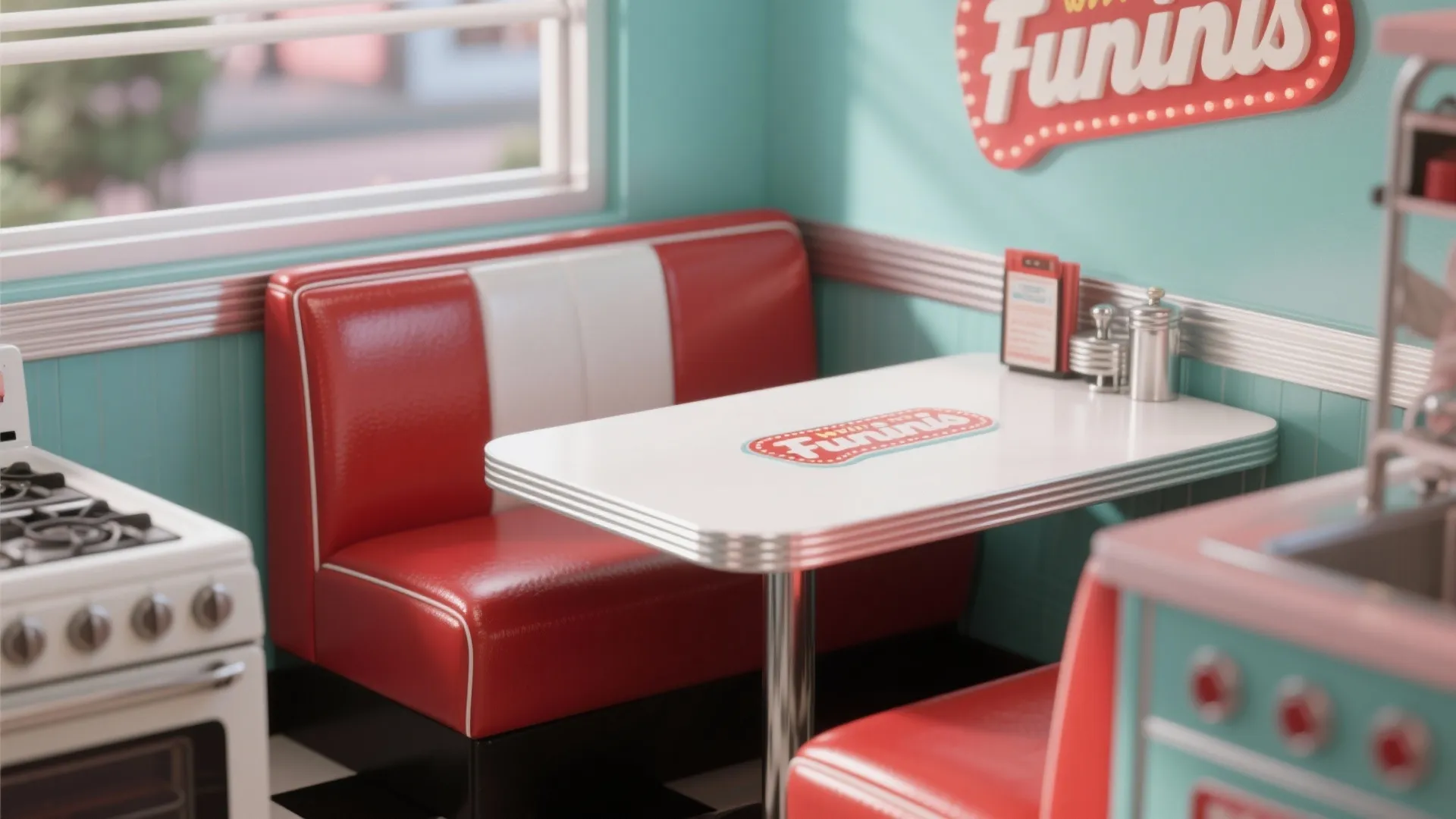 Small kitchen corner with a compact retro diner booth