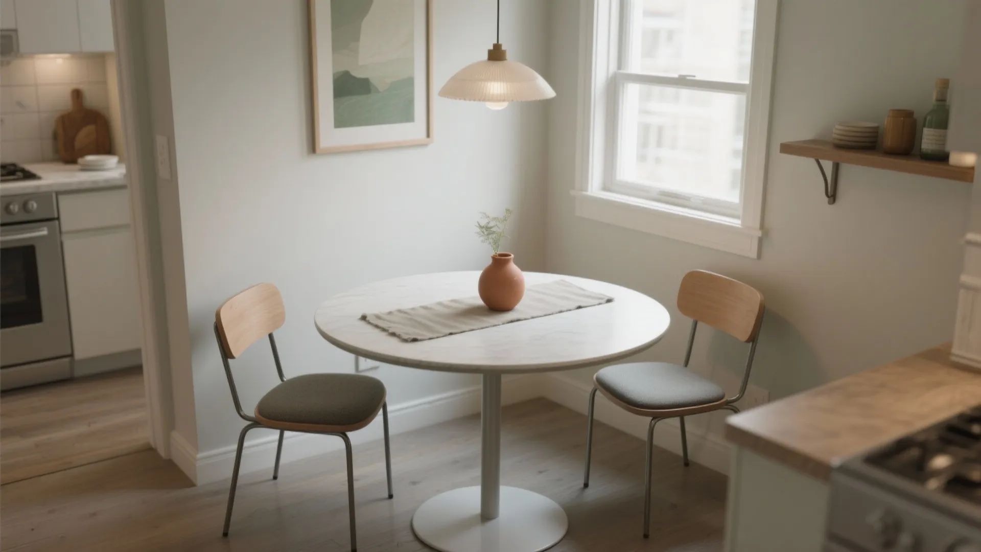Small minimalist dining area with round white table, two chairs, ceiling light, and kitchen view