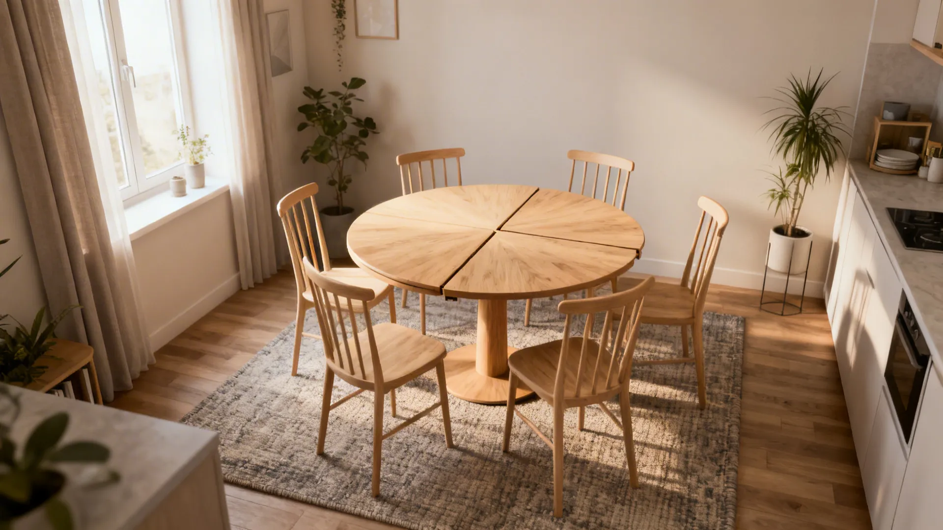 Round wooden dining table with six chairs placed on a rug in a bright room