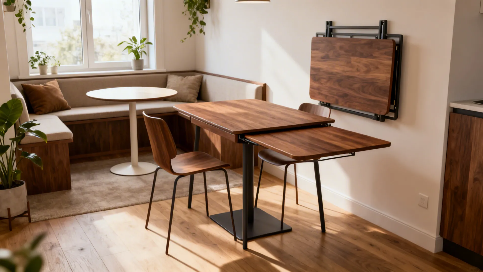 Modern small dining area with extendable wooden table wall mounted folding desk and corner sofa seating