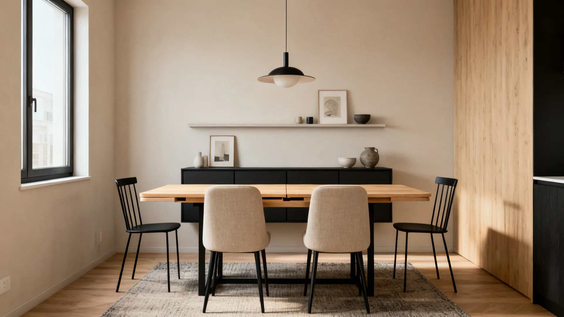 Modern dining room with wooden table four chairs black ceiling light and black wall cabinet