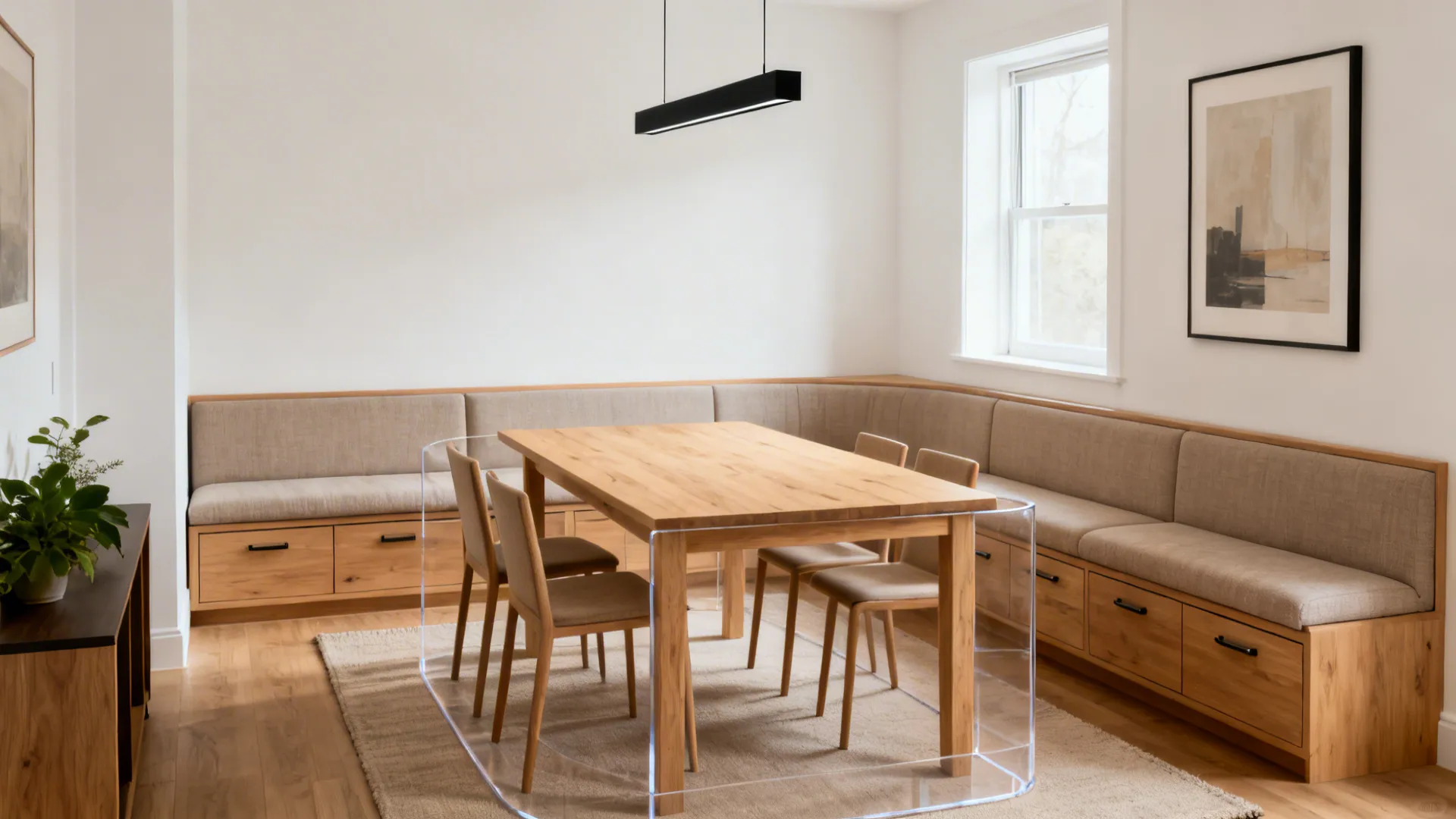 Dining room with wooden table and L-shaped bench showing clear space requirements with a transparent box