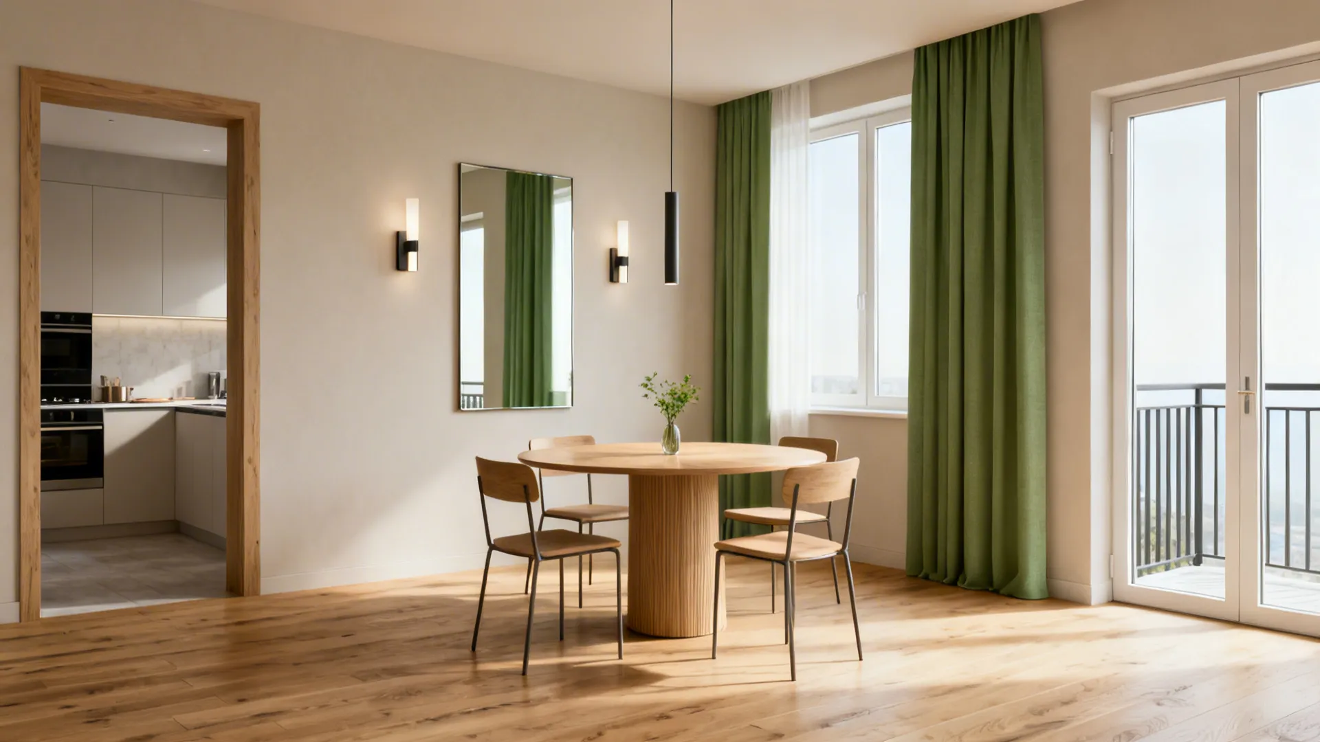 Modern dining area featuring round wooden table green curtains mirror wall lights and a view