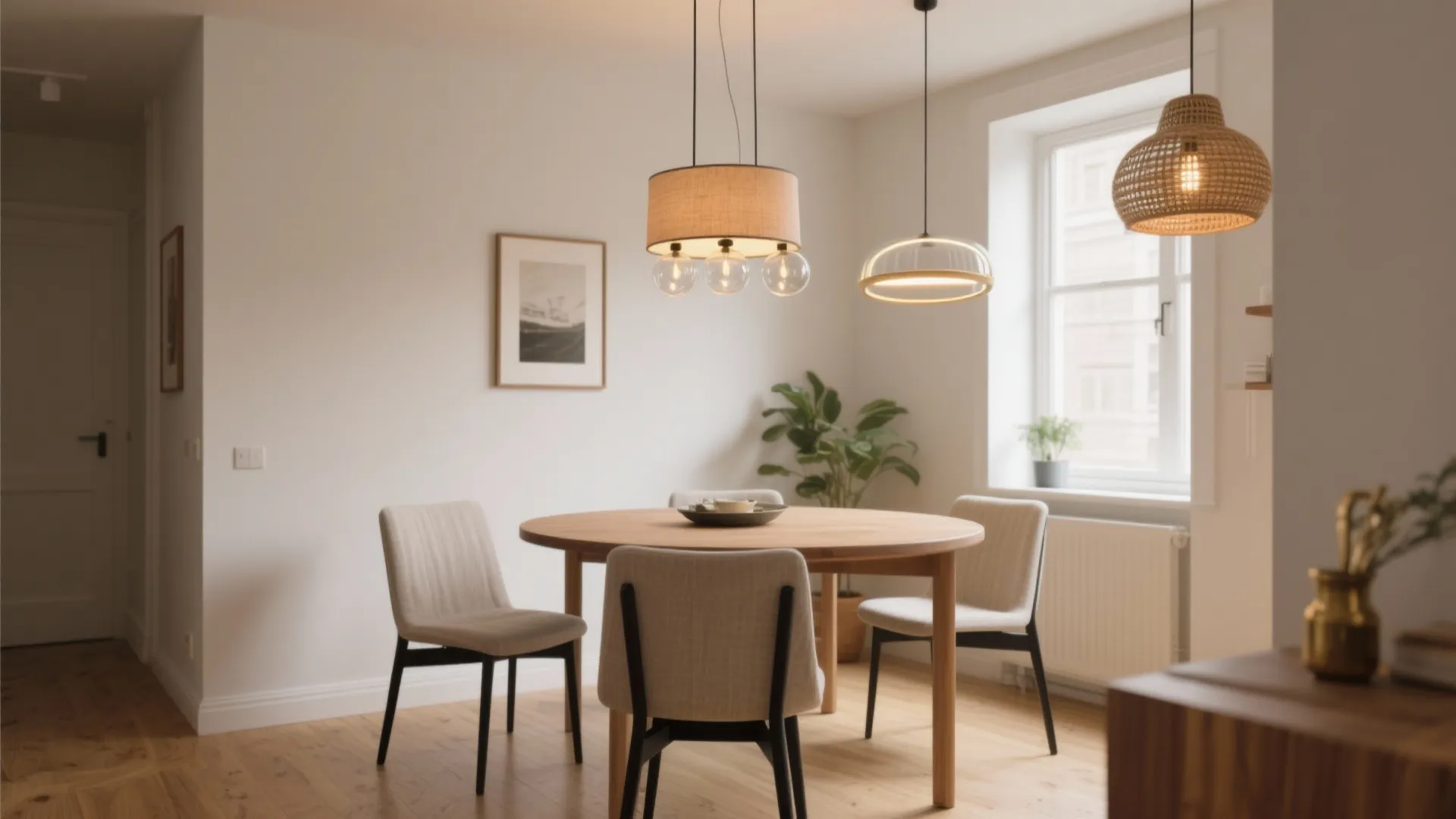 Modern dining room with round wooden table beige chairs and three different hanging ceiling lights