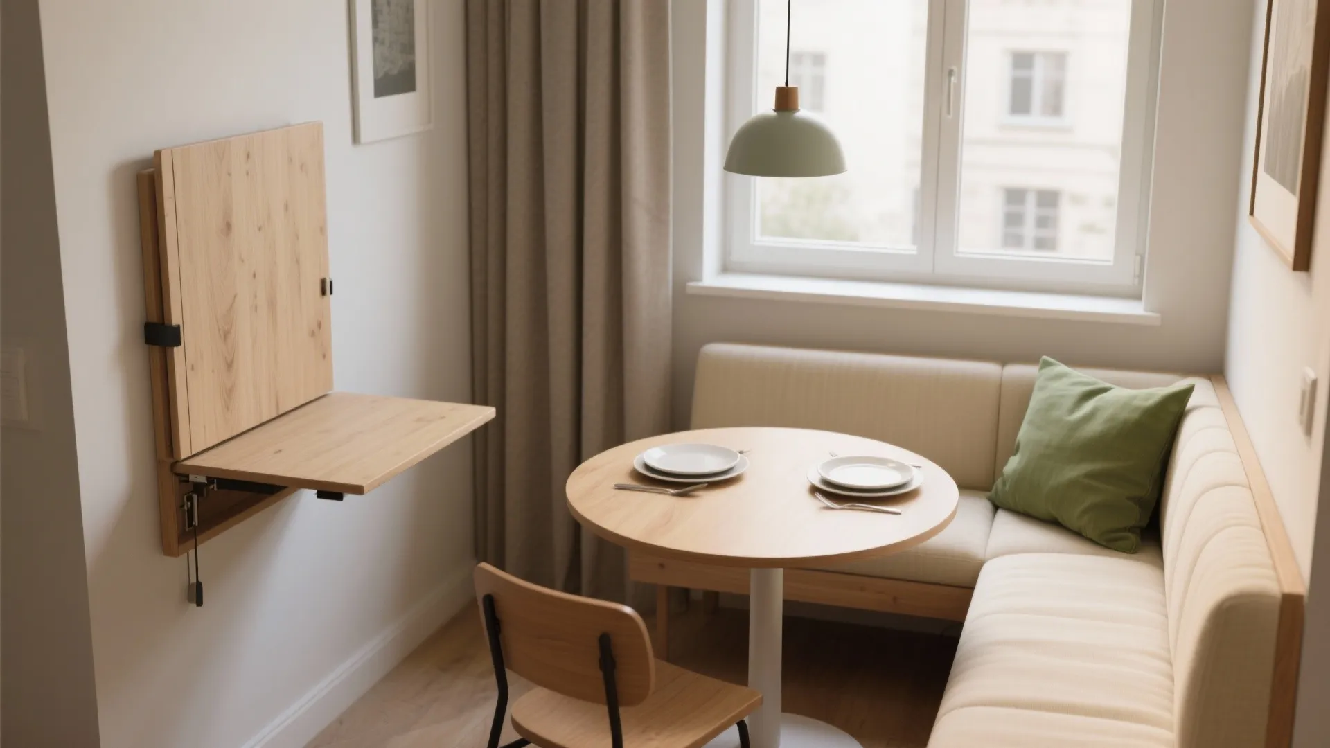 Small dining nook with round wooden table beige sofa green pillow and wall mounted folding desk