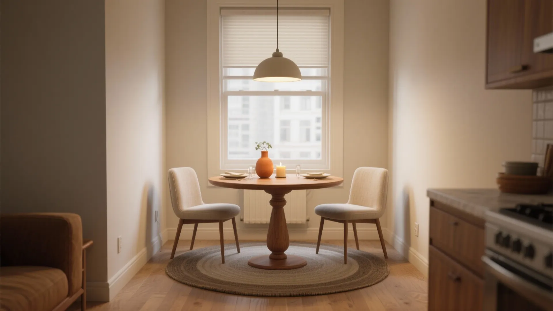 Small round wooden dining table with two white chairs under a white dome ceiling light