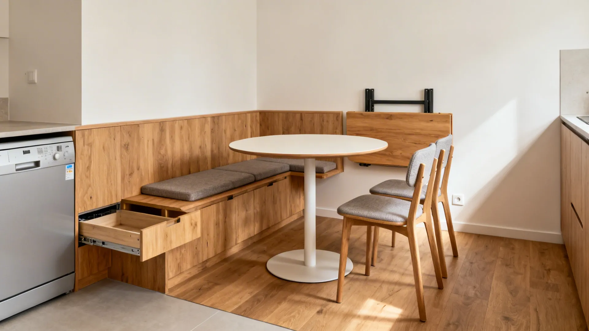 Compact dining solutions: drop‑leaf, banquette, and pedestal tables