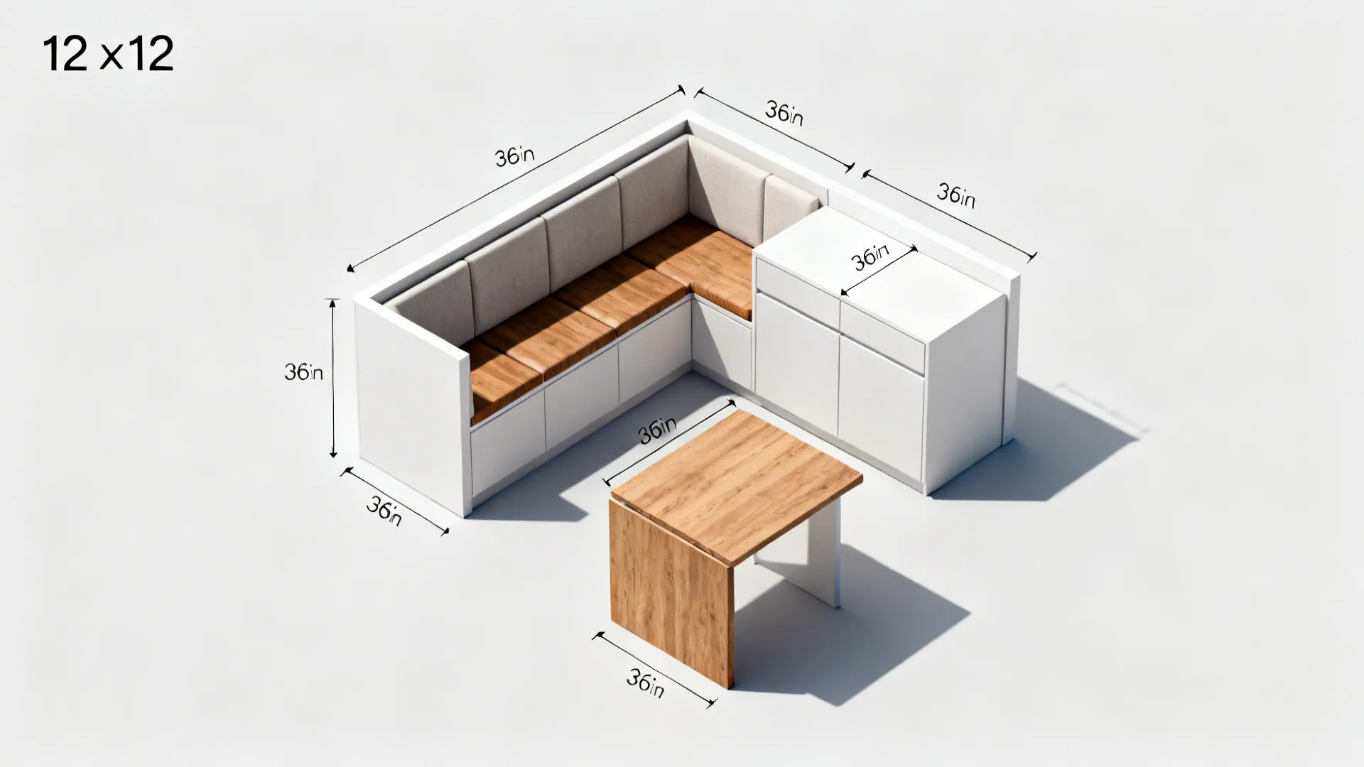 Top-down view comparing banquette seating and a movable island table with clearances in a 12x12 kitchen.