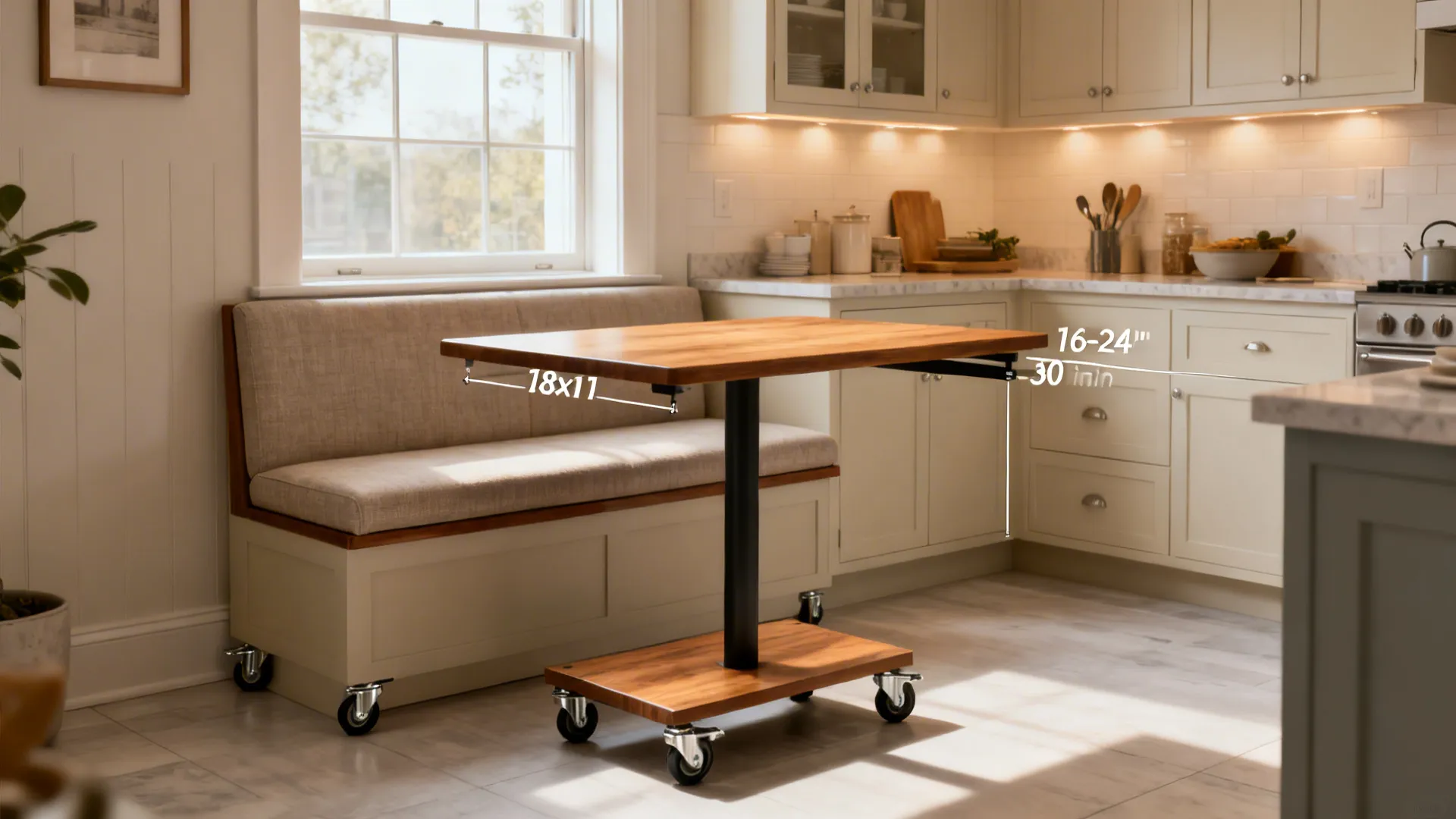 12x12 kitchen with a window banquette and slim table or a movable island table on casters.