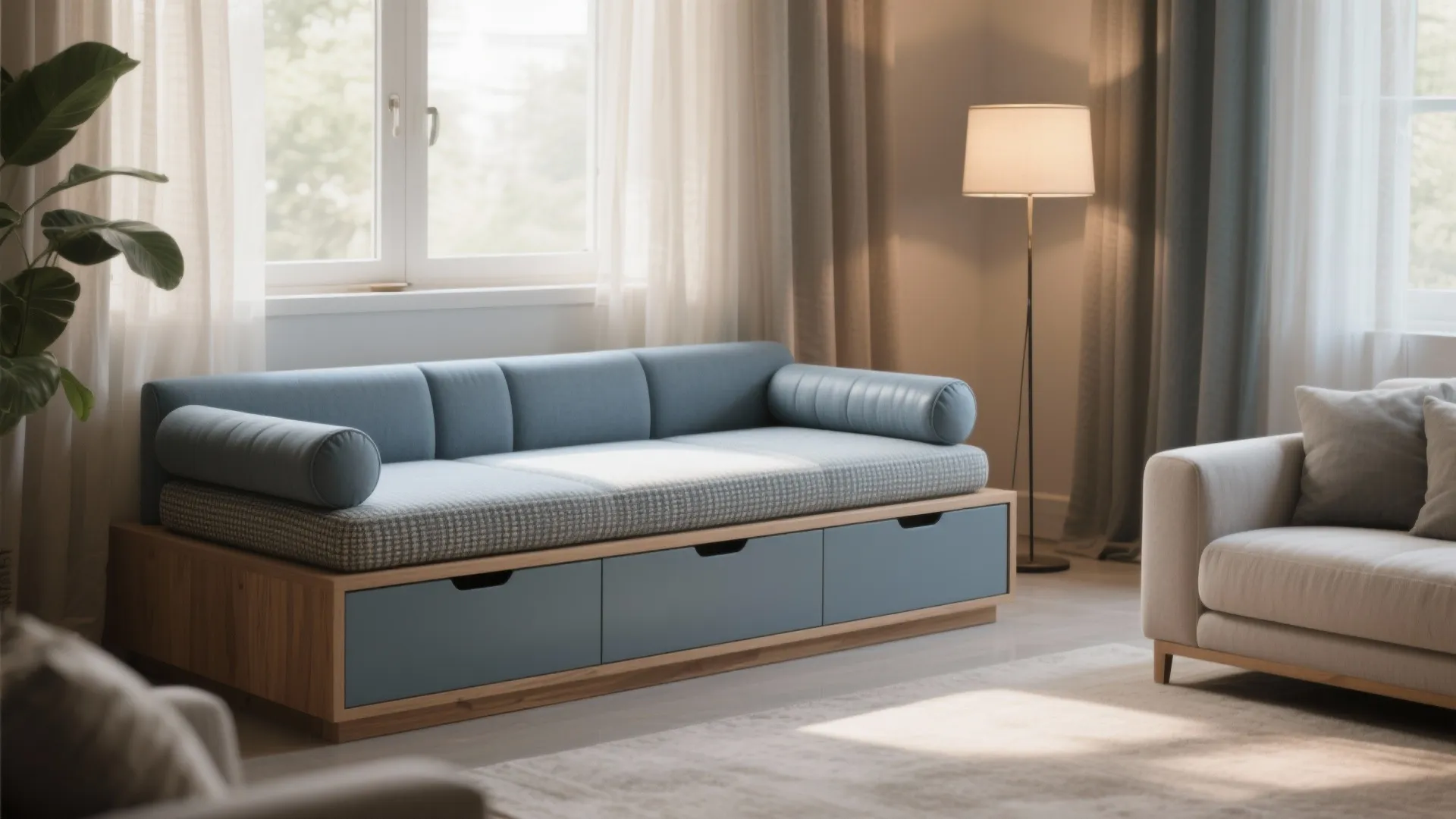 Modern blue sofa with storage drawers wooden base floor lamp and plant in cozy room