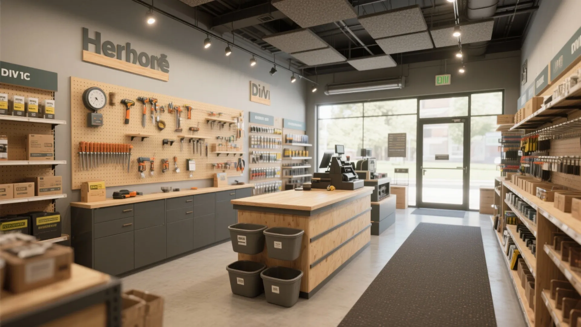 Modern hardware store interior with pegboard tool display wooden checkout counter and black track lighting