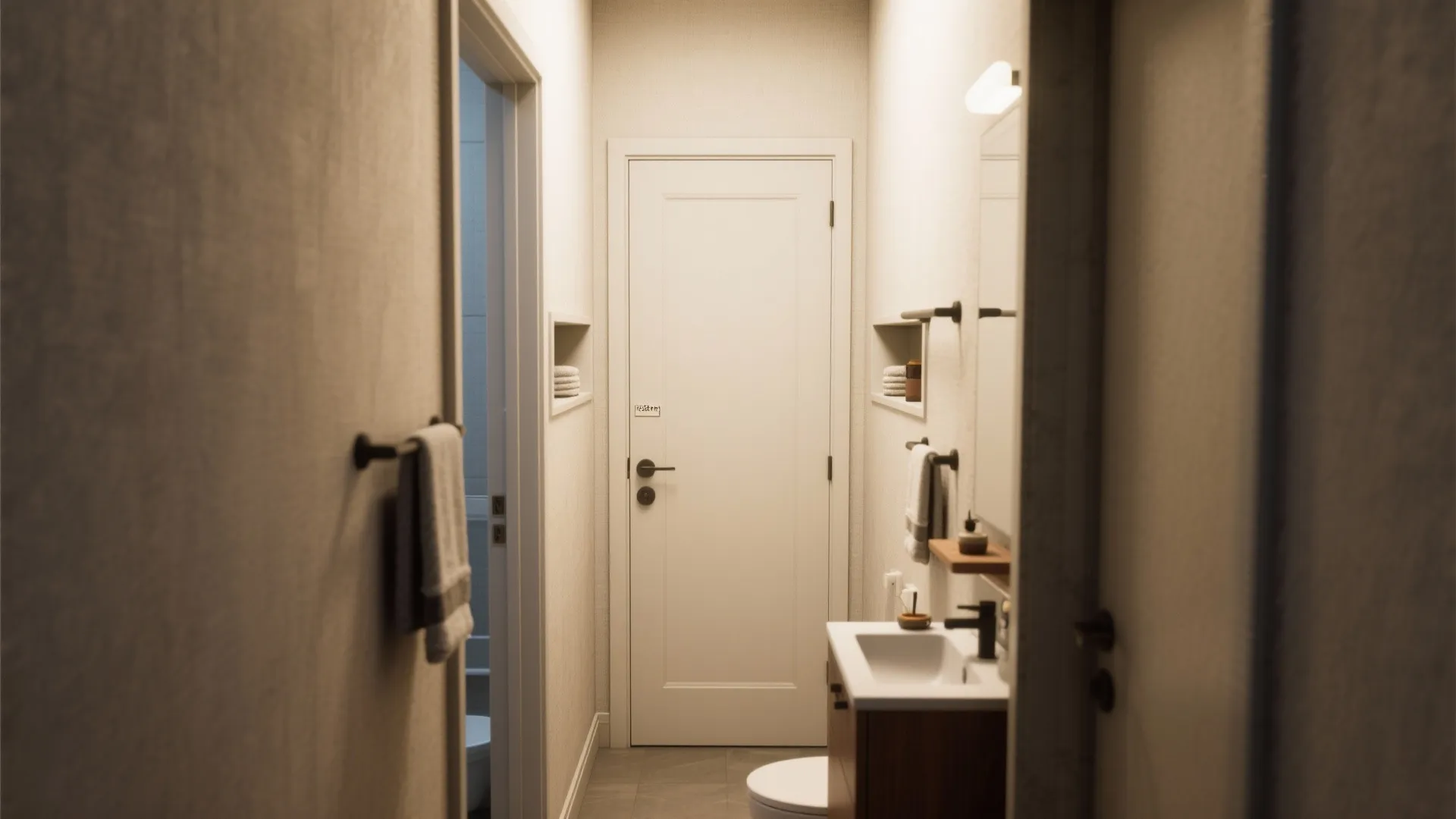 Modern narrow hallway with white door wooden cabinet small sink white toilet and light walls