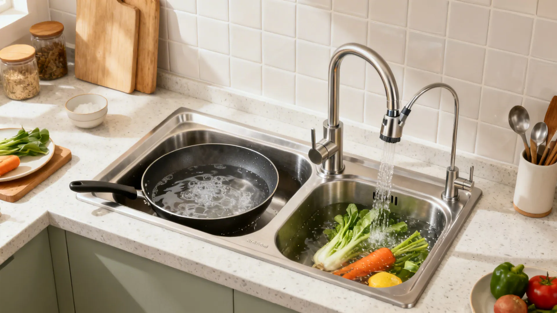 Compact 1.5-bowl stainless sink with pull-out spray for soak and rinse.
