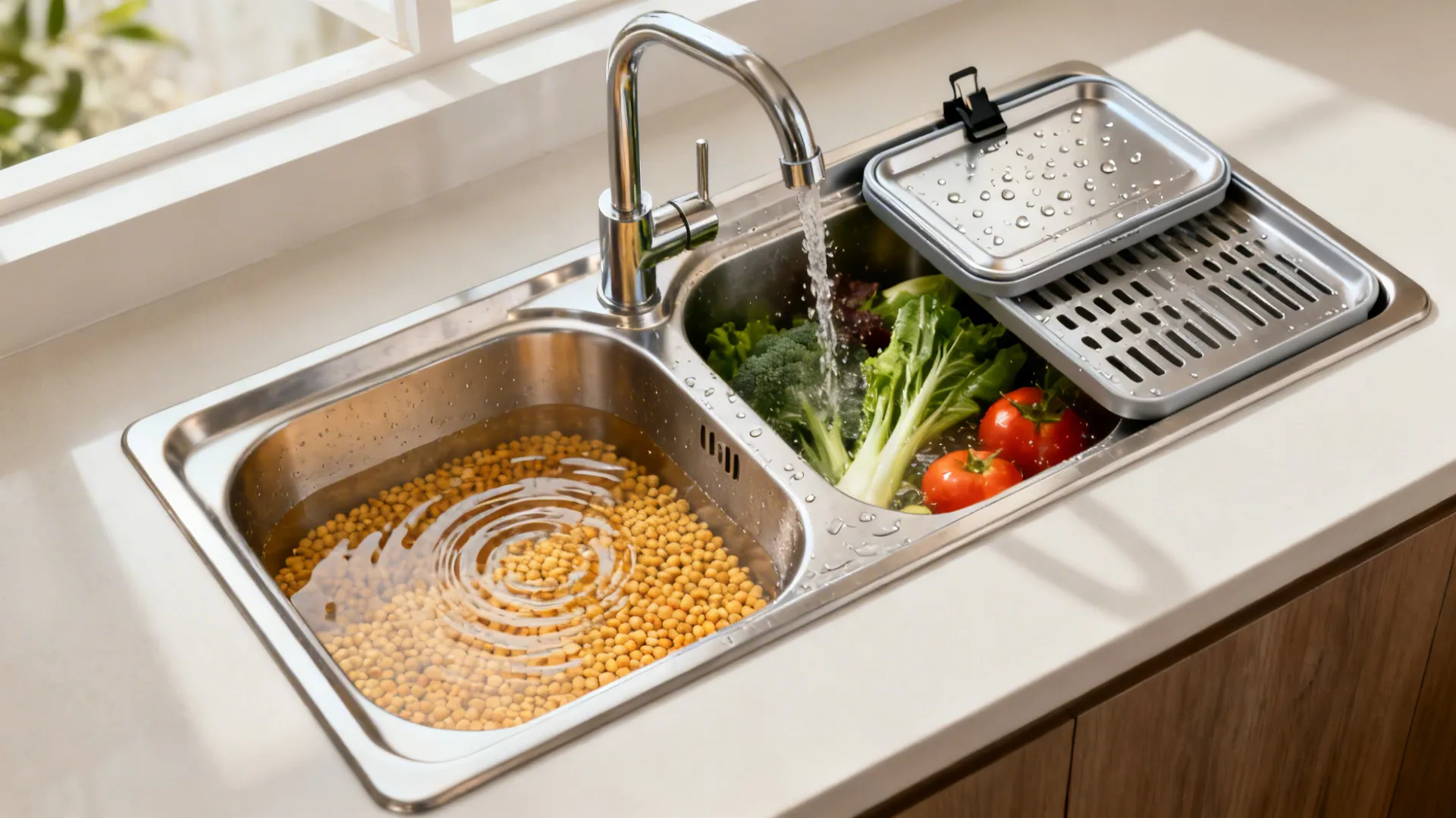 Compact double-bowl stainless sink with clip-on drainboard for multitasking in a small kitchen.
