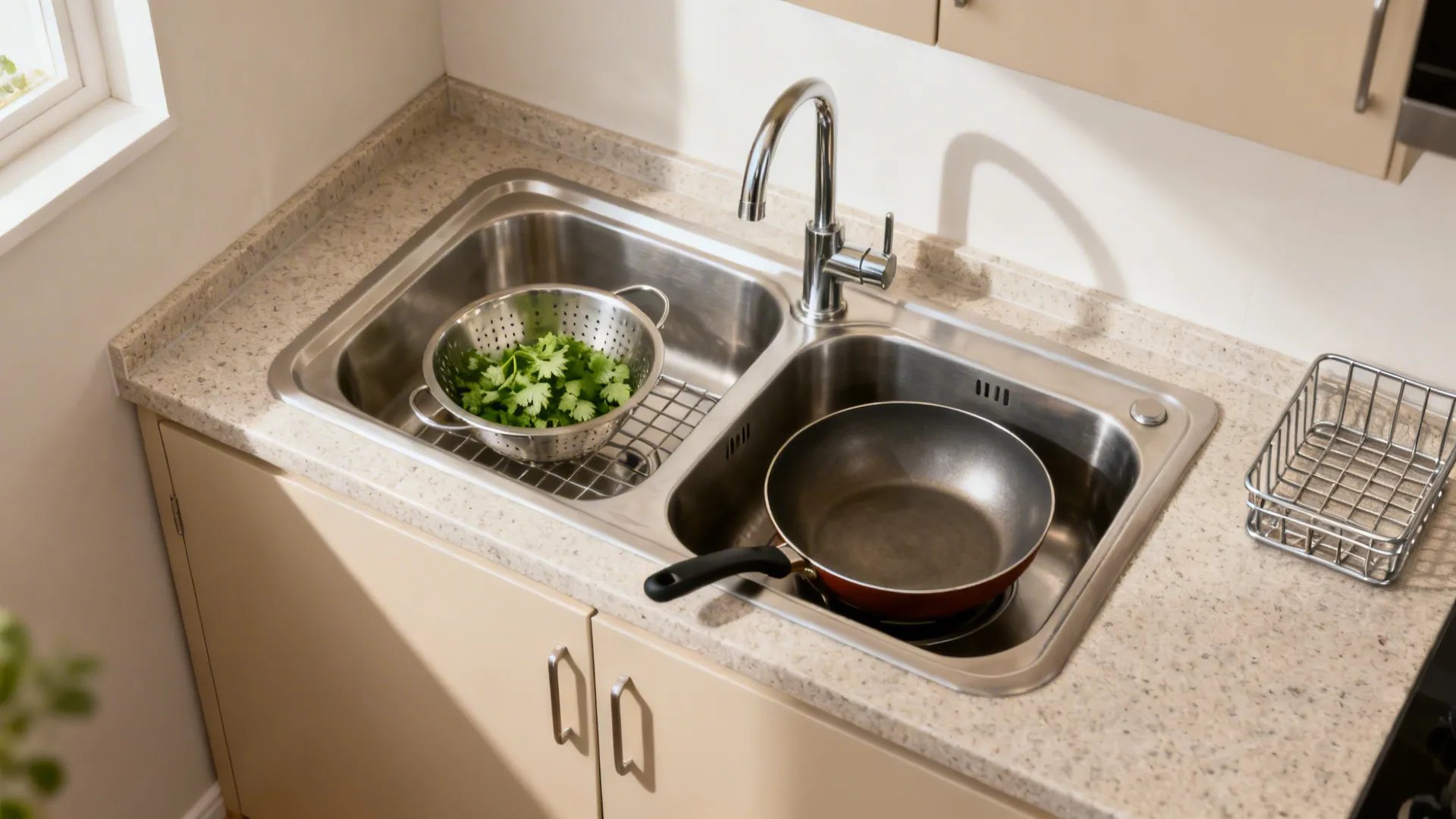 Compact 1.5-bowl stainless sink with low divider separating produce washing and cookware cleaning.