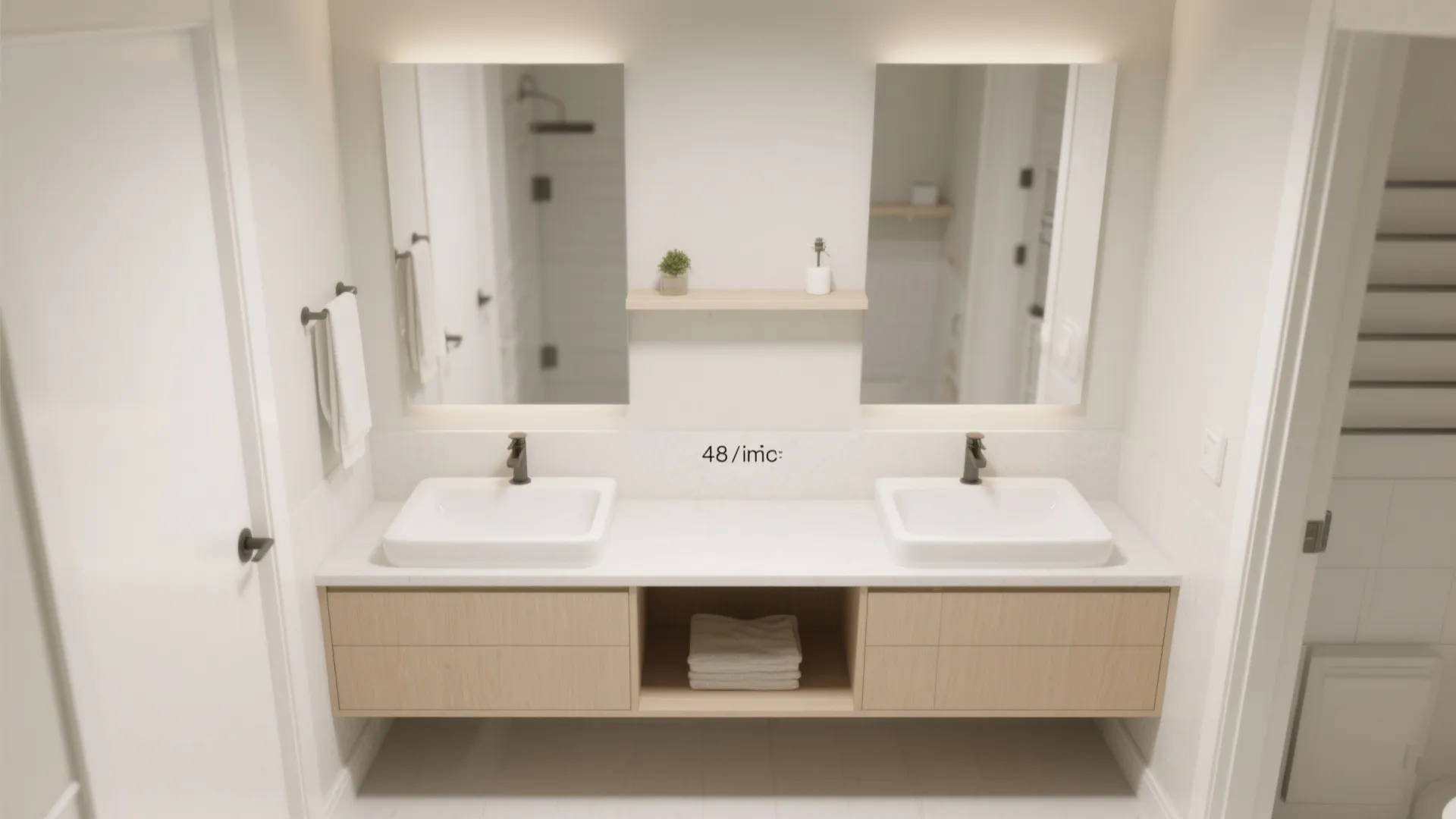 Modern double sink bathroom vanity with wooden cabinets backlit mirrors white towels and small shelf